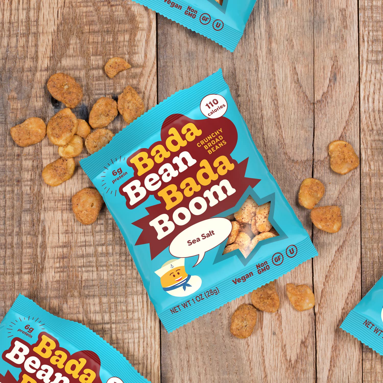 Enlightened Bada Bean Bada Boom - Plant-Based Protein, Gluten Free, Vegan, Crunchy Roasted Broad (Fava) Bean Snacks, 100 Calories per Serving, Sea Salt, 1 oz, Pack of 24