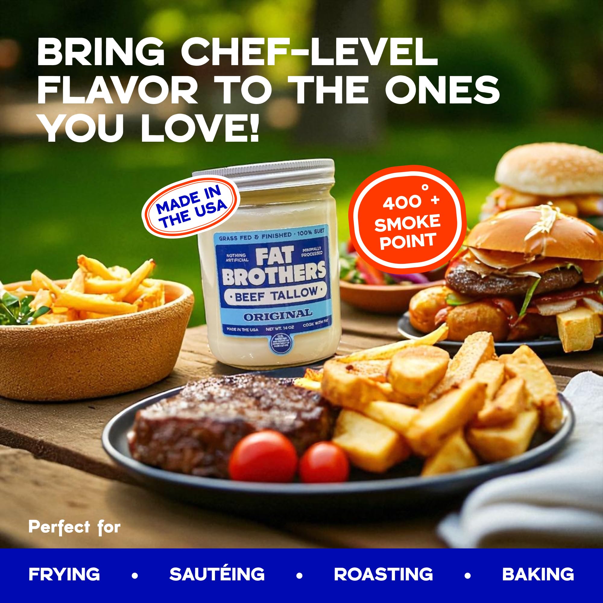 Fat Brothers Original Grass-Fed Beef Tallow, USA Made and Sourced, 100% Suet, 14oz Wide-Mouth Jar, No Added Hormones or Antibiotics, For Cooking, Frying, Baking, Skincare, & More