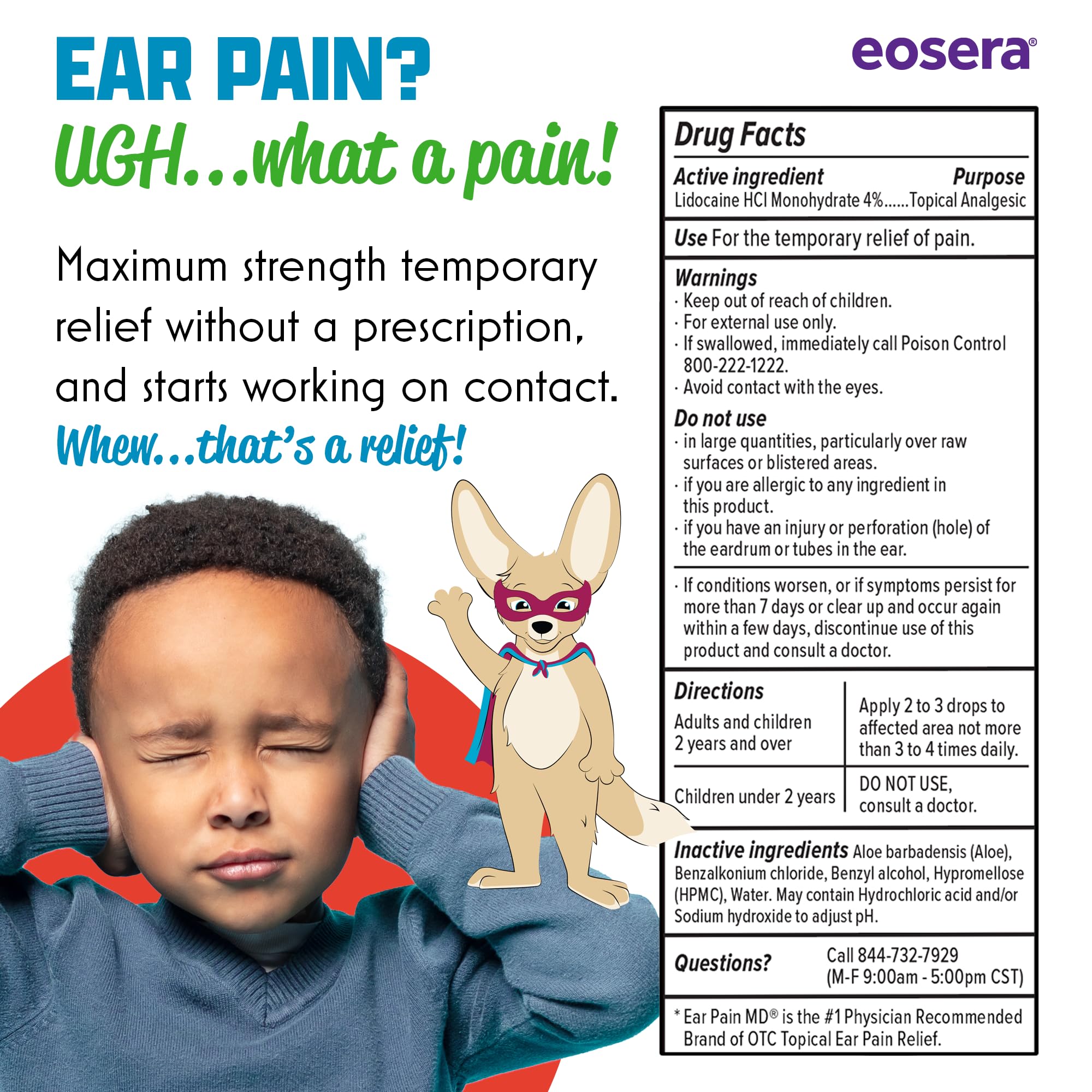Eosera® Ear Pain MD® for Kids - Maximum Strength Earache Relief Drops with Lidocaine - Doctor Recommended Ear Medicine for Children, Babies & Toddlers 2+ - Fast-Acting Ear Drop Pain Reliever - 12.5mL