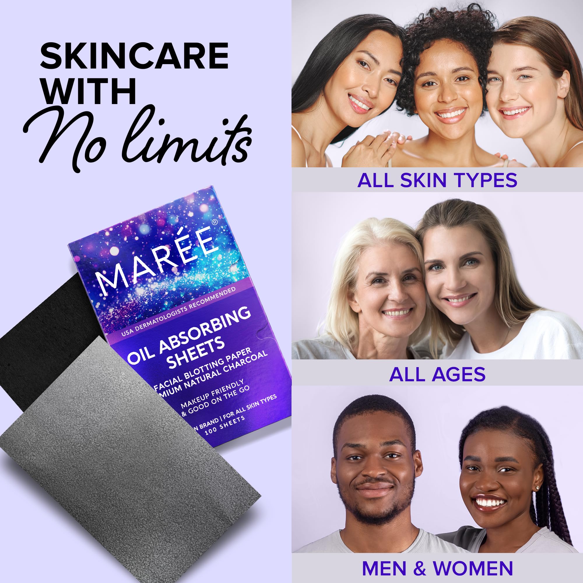 MAREE Oil Blotting Sheets for Face (100 Sheets) - Mineral Blotting Papers For Face with Bamboo Charcoal - Maximum Absorption & Shine Control - Makeup-Friendly Wipes for Oily Skin