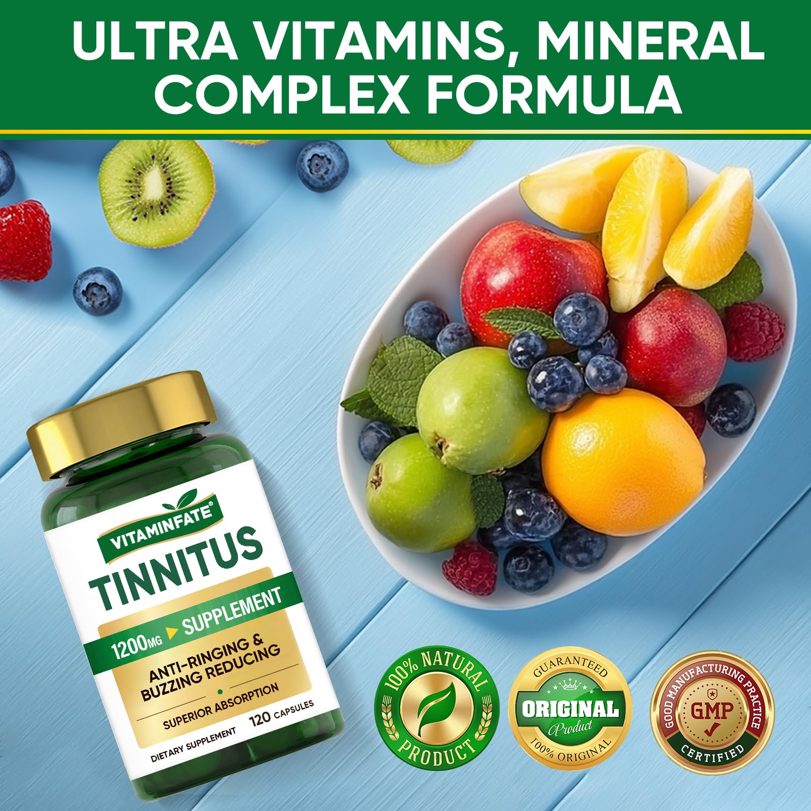 VITAMINFATE Tinnitus Relief for Ringing Ears Supplement 1200mg - 120 Capsules | Supports Ear Health and Reduces Tinnitus Symptoms