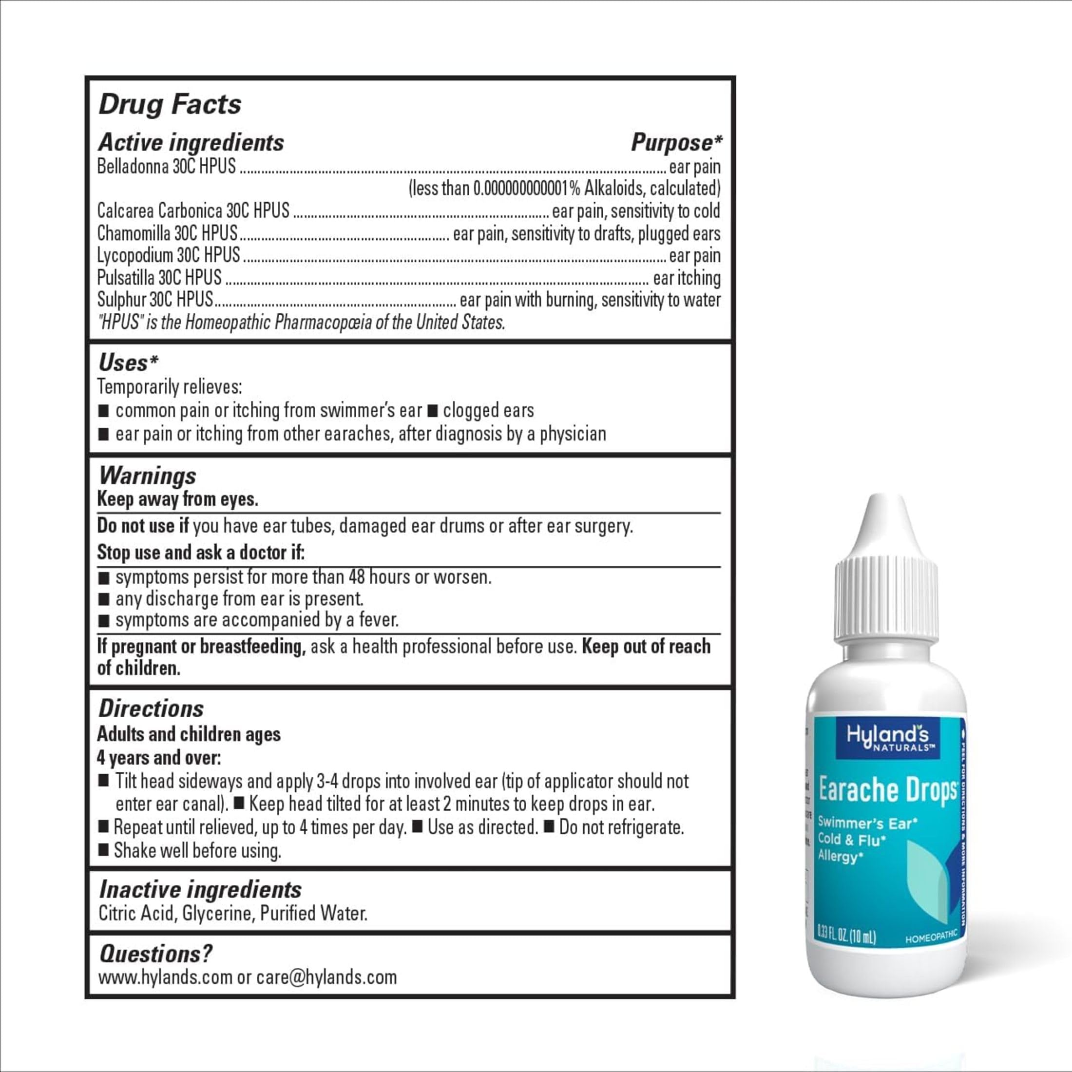 Hyland's Earache Drops, Natural Relief of Swimmer's Ear, Cold and Flu, Allergy Symptoms, Ages 4 and up: (2 Pack)