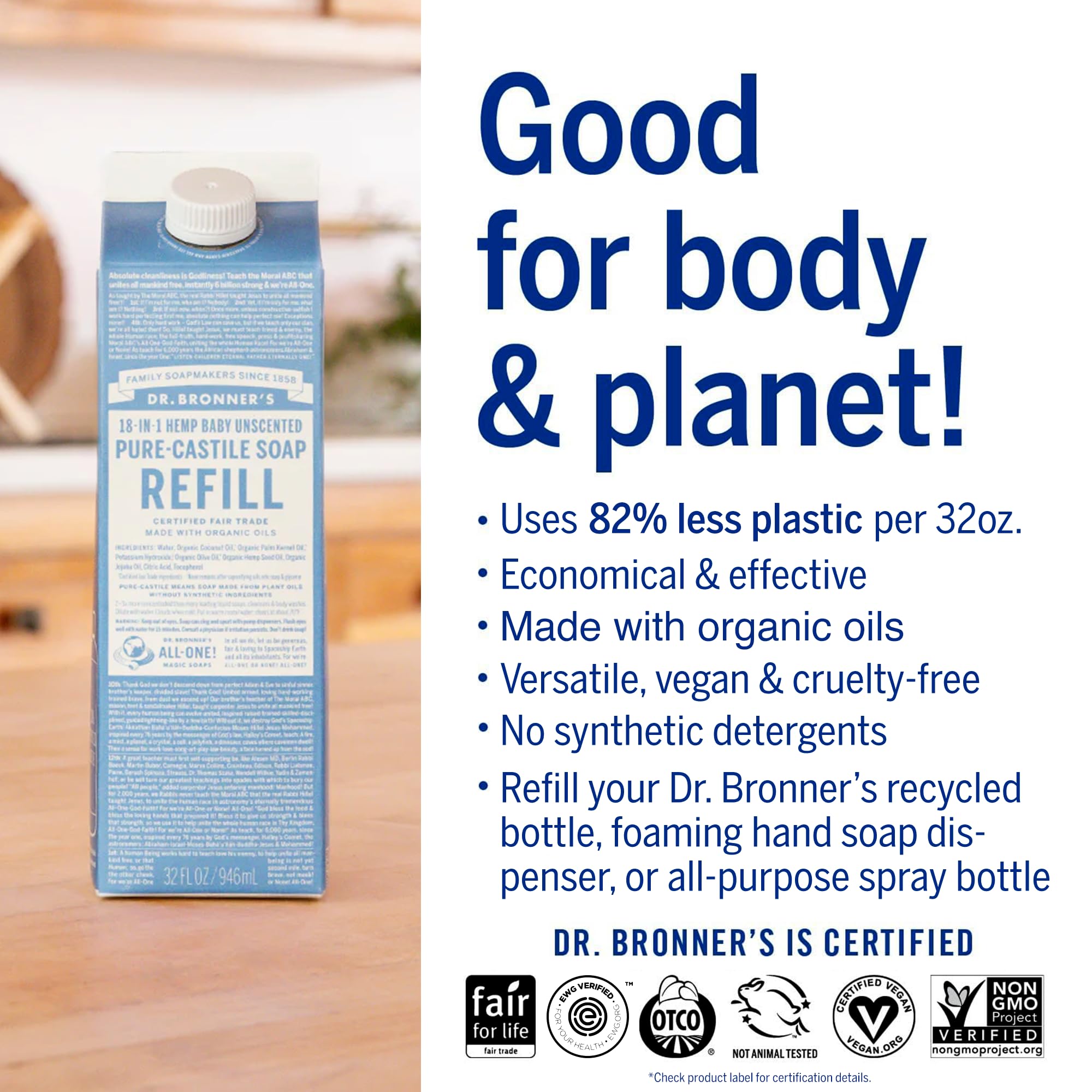 Dr. Bronner's Pure-Castile Liquid Soap Refill - Made with Regenerative Organic Certified Oils, 86% Less Plastic - 18-in-1 Uses, For Face, Body Wash, Hand Soap Refill & More - Baby Unscented, 32oz