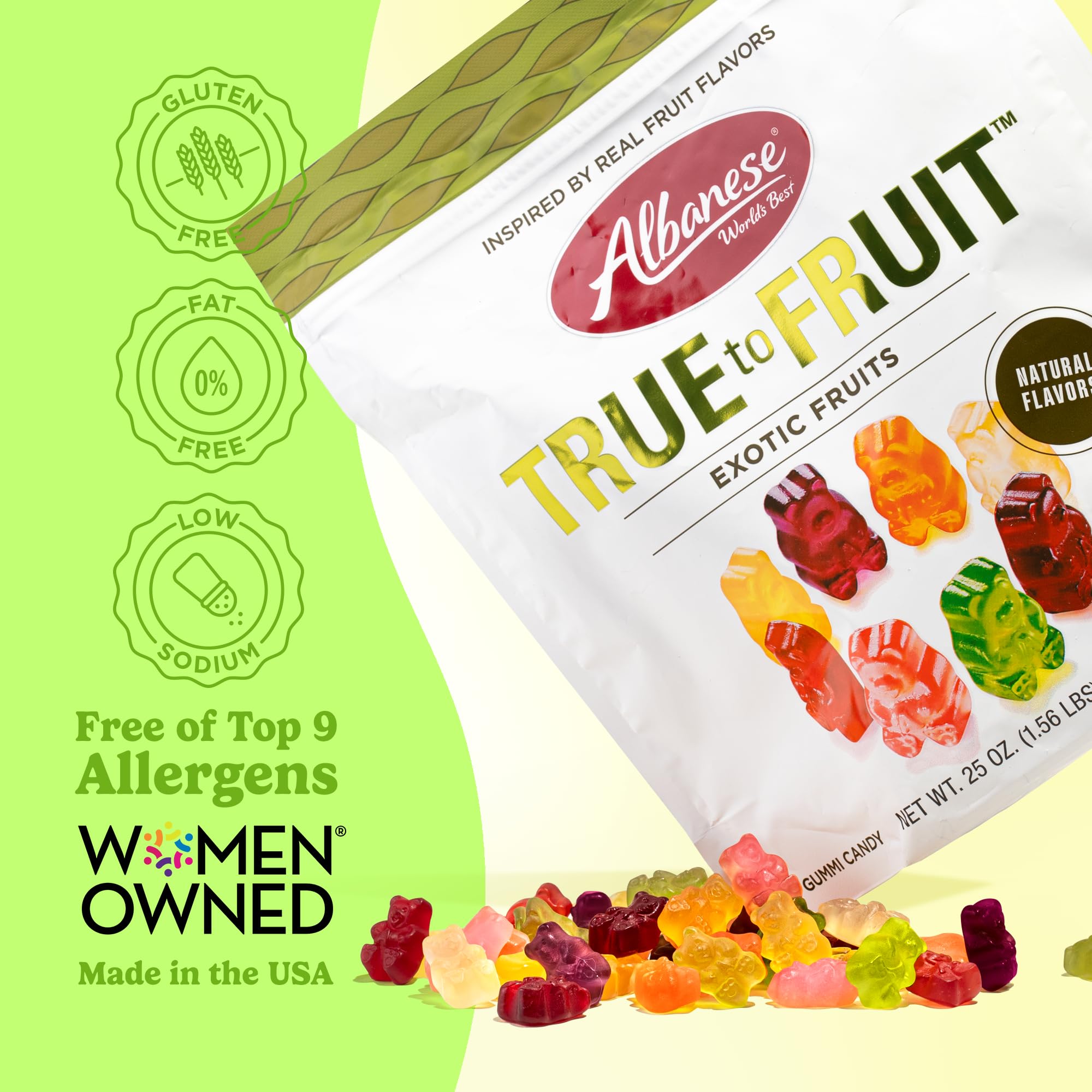 Albanese World's Best True to Fruit Exotic Fruits | 25oz Bag of Candy | 8 Natural Flavors and Colors, Soft Gummy Bears | Fuji Apple and More | Tastes like Real Fruit Picked at the Peak of Ripeness