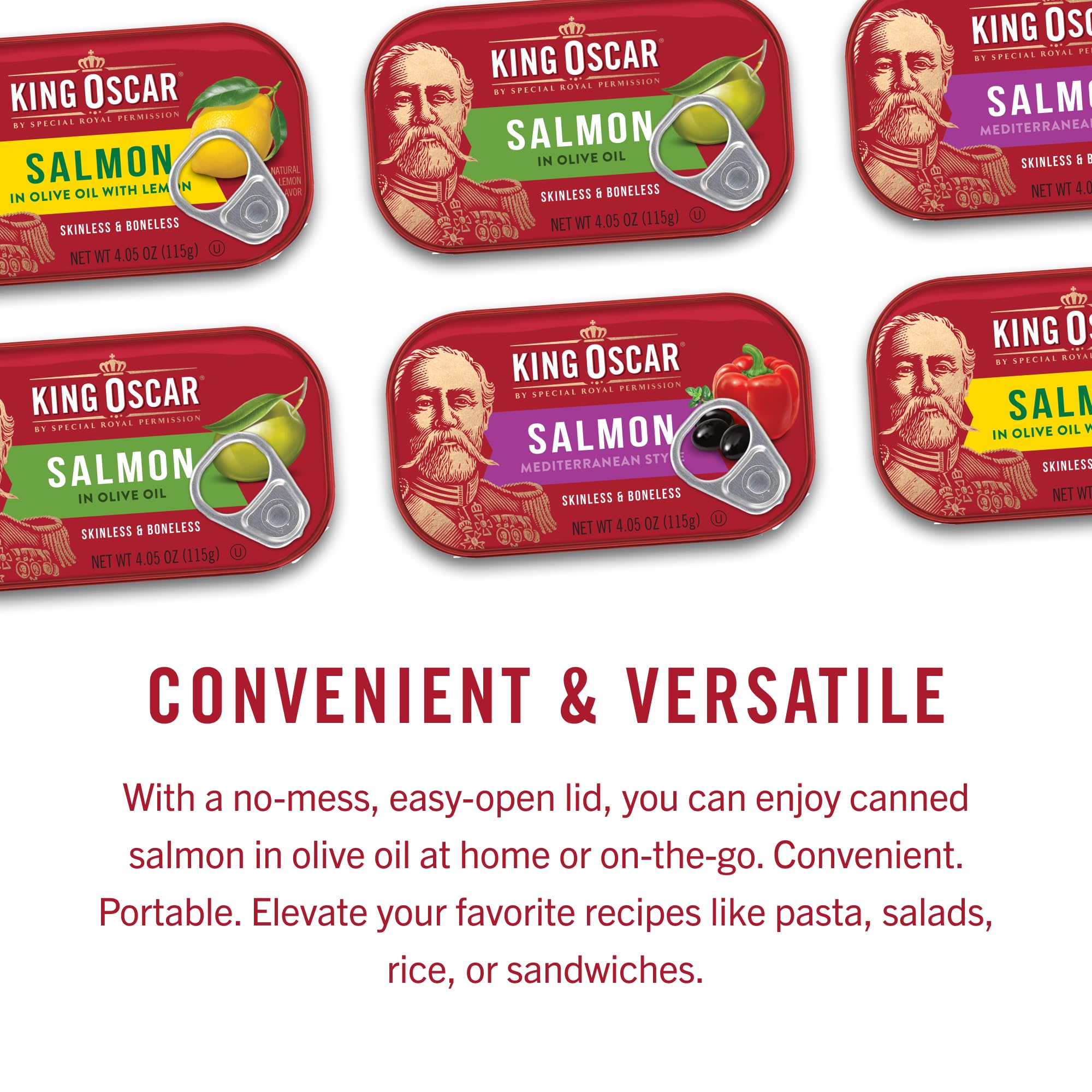King Oscar Premium Salmon in Olive Oil, Mediterranean Style, 4.05-Ounce Cans (Pack of 12, Packaging May Vary), Skinless & Boneless Salmon