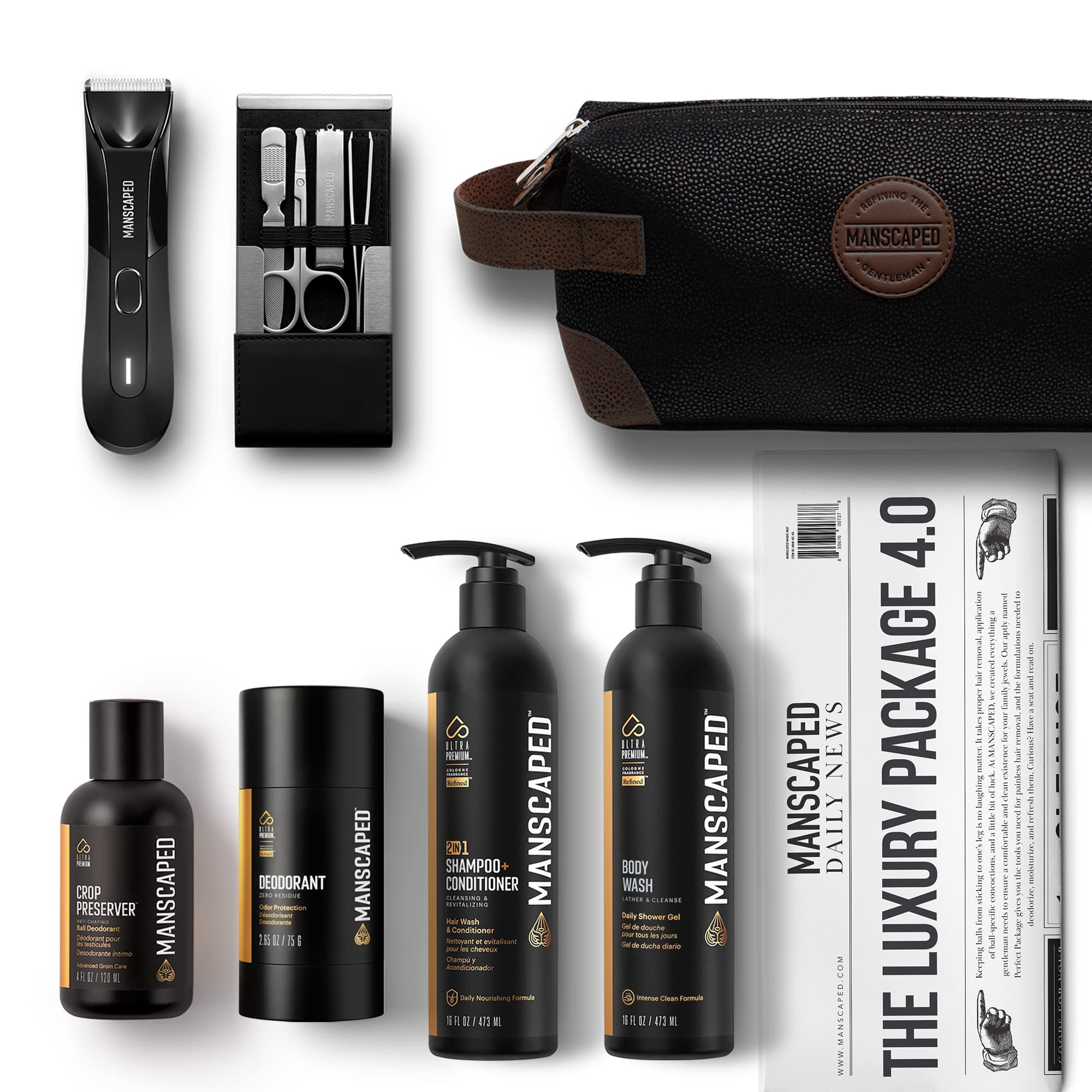 MANSCAPED® The Luxury Package 4.0 Includes: The Lawn Mower® 4.0 Electric Trimmer, The Shears 2.0 Nail Kit, Crop Preserver®, Deodorant, Body Wash, 2-in-1 Shampoo & Conditioner, The Shed Toiletry Bag