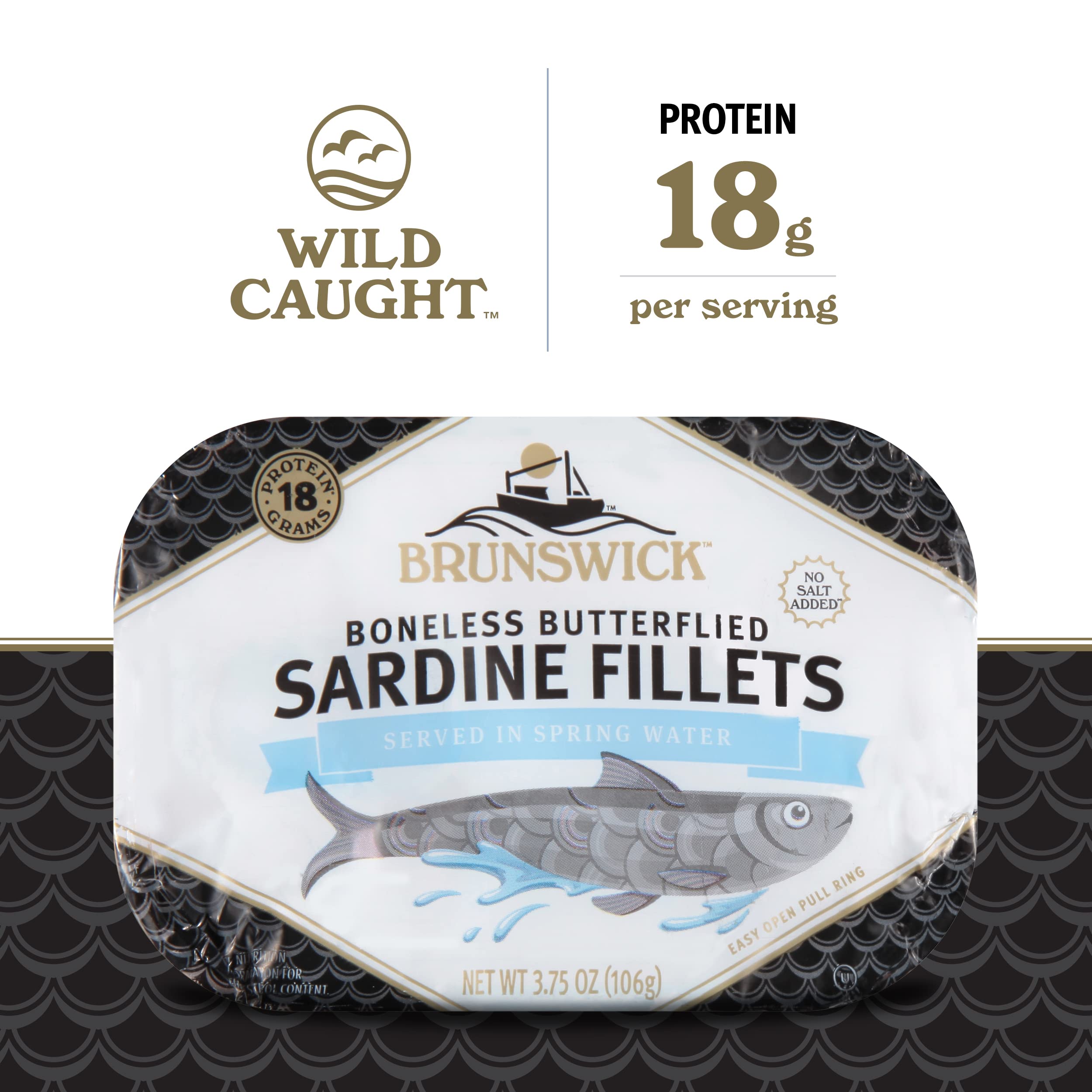 Brunswick Sardines in Spring Water, 3.75 oz Can (Pack of 12) - Boneless Butterflied Sardine Fillets - Wild Caught - 18g Protein per Serving - Gluten Free, Keto Friendly