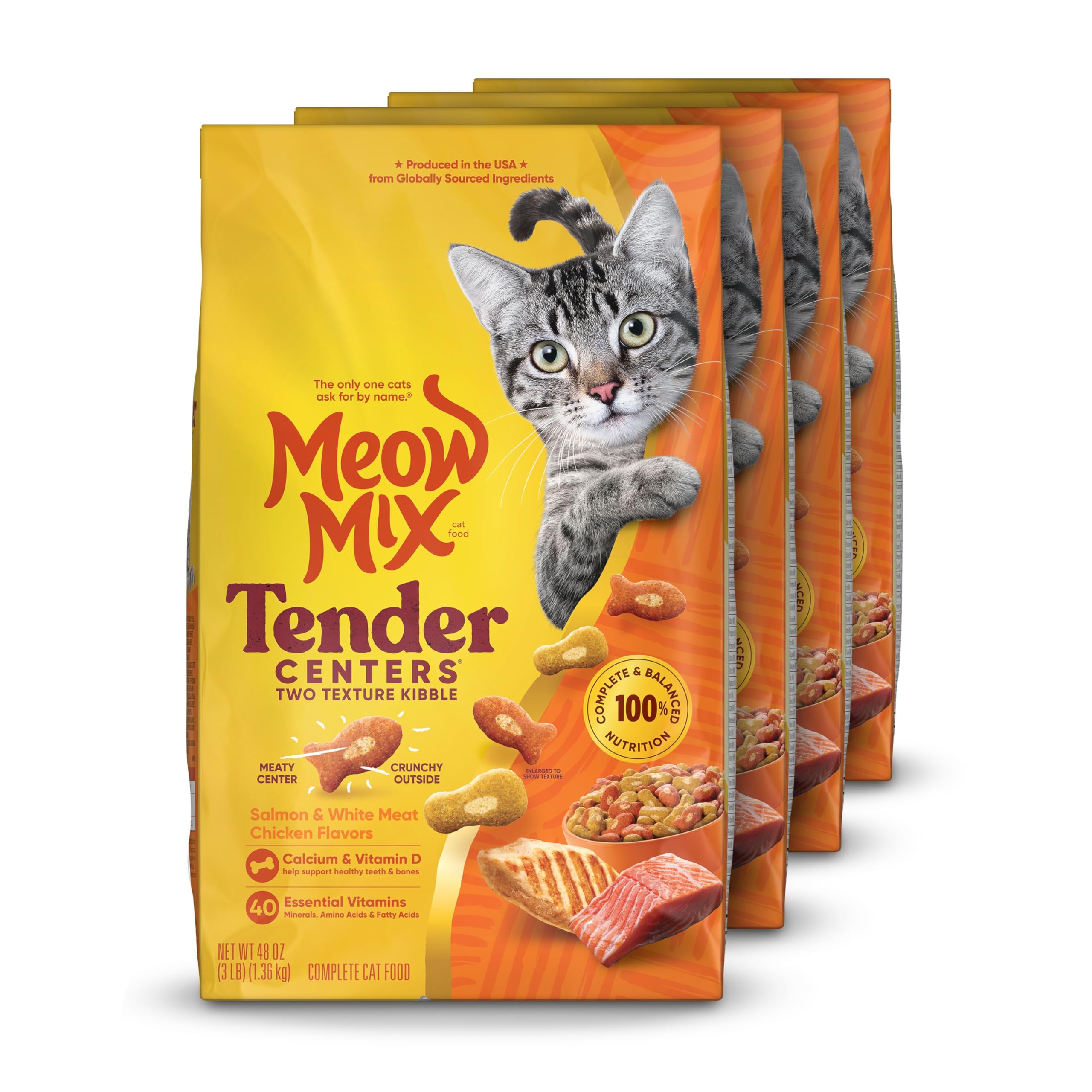 Meow Mix Tender Centers Salmon & White Meat Chicken Flavors Cat Food, 3 Pound (Pack of 4), Crunchy Outside Meaty Inside