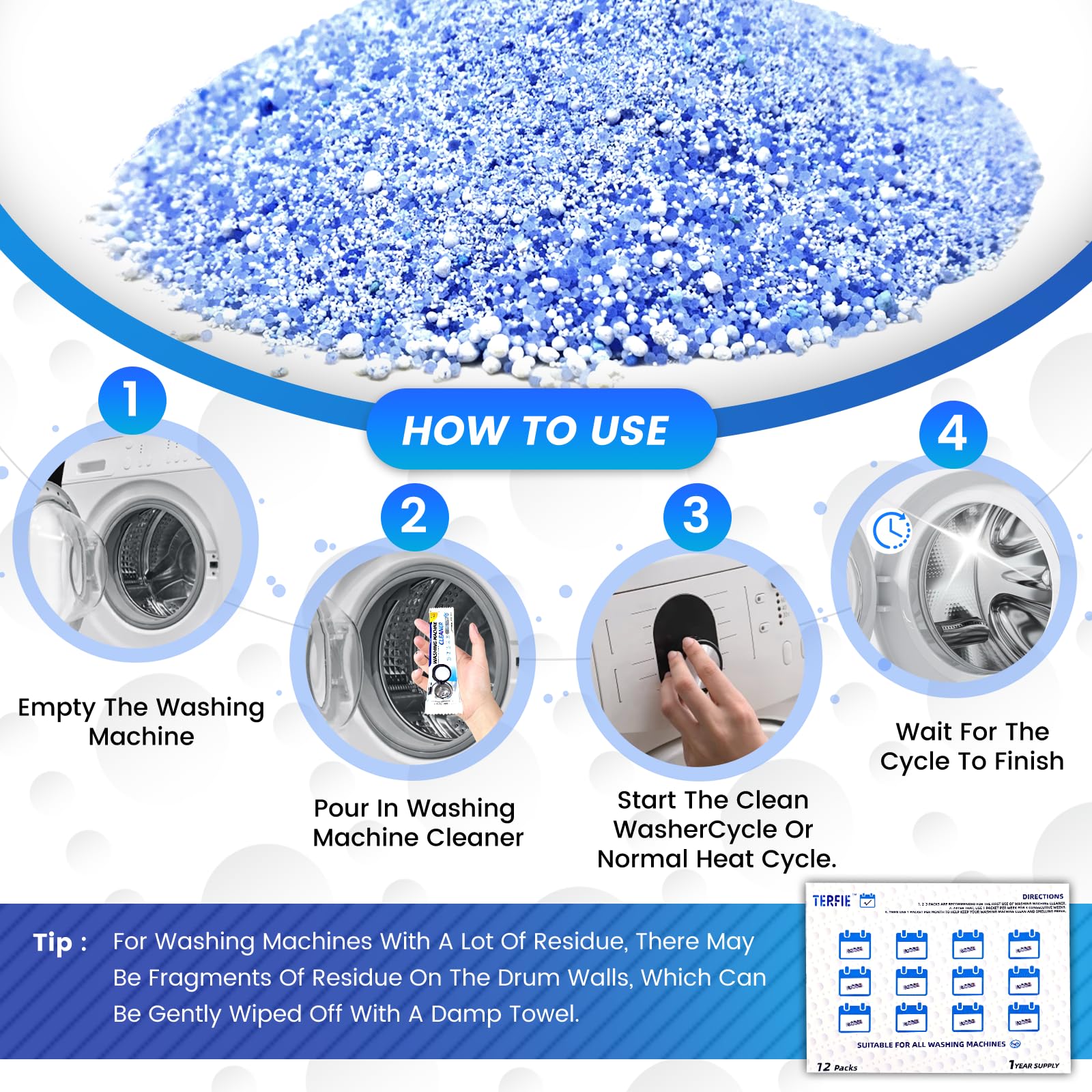 TERFIE Washing Machine Cleaner Powder Deodorizer 12 Pack， For Deep Descaling, Cleaning Front-Loading & Top-Loading Washing Machine Drum Interiors And Drum Seal, Septic Tank Safe - 12 Month Supply