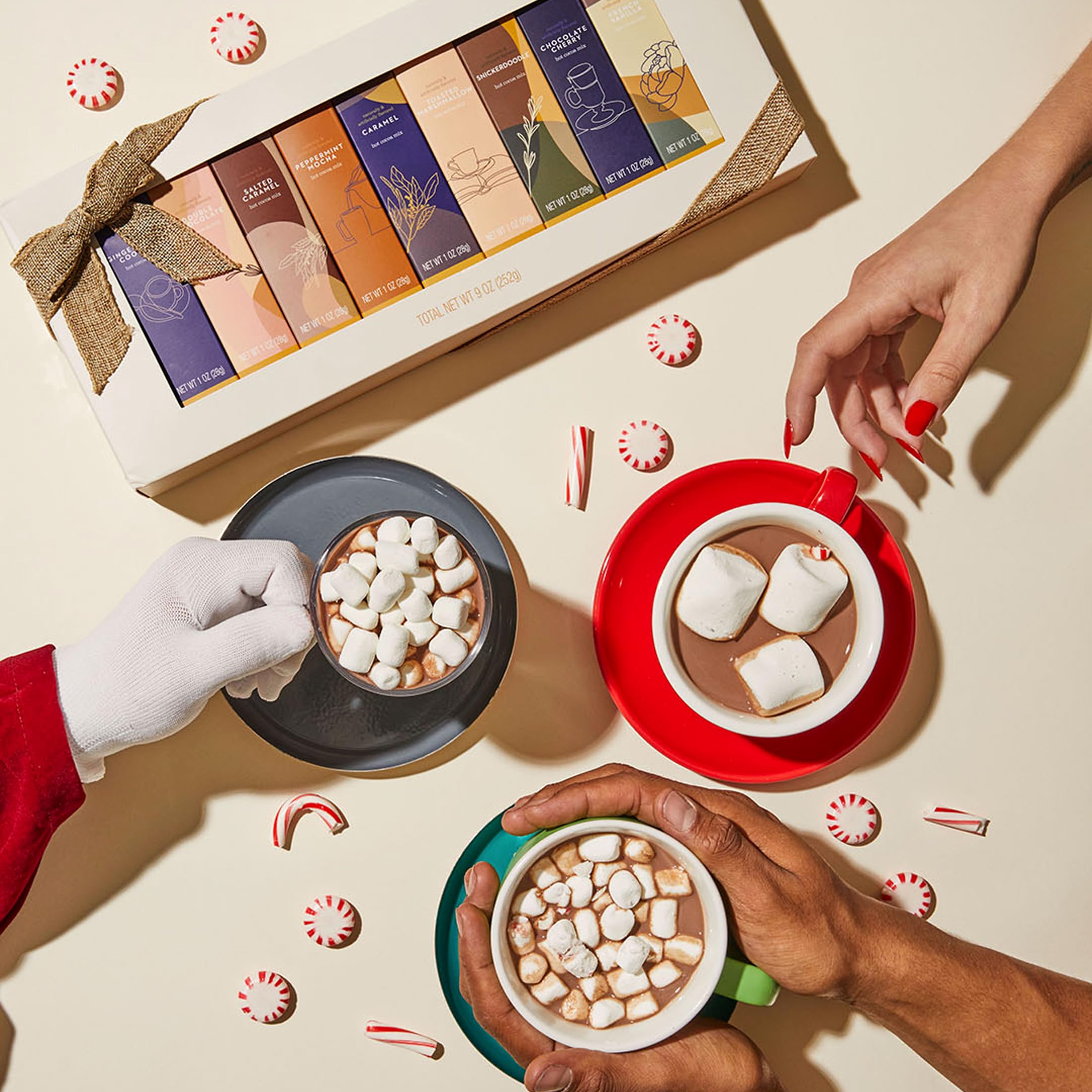 Thoughtfully Gourmet Hot Chocolate Gift Set, Flavors Include Salted Caramel, Peppermint, French Vanilla and More, Packaged in Gift Box with Bow, Set of 9