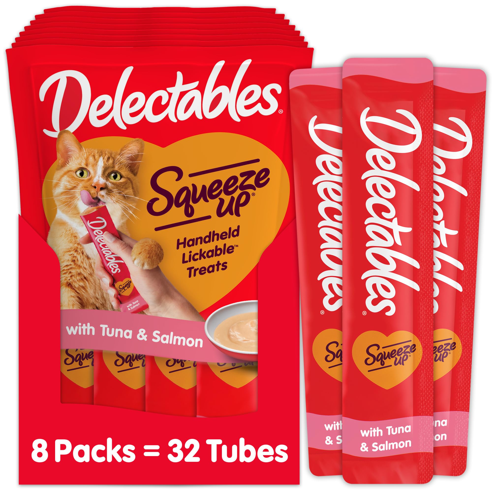Hartz Delectables Squeeze Up Interactive Lickable Wet Cat Treats for Adult & Senior Cats, Tuna & Salmon, 4 Count(Pack of 8)
