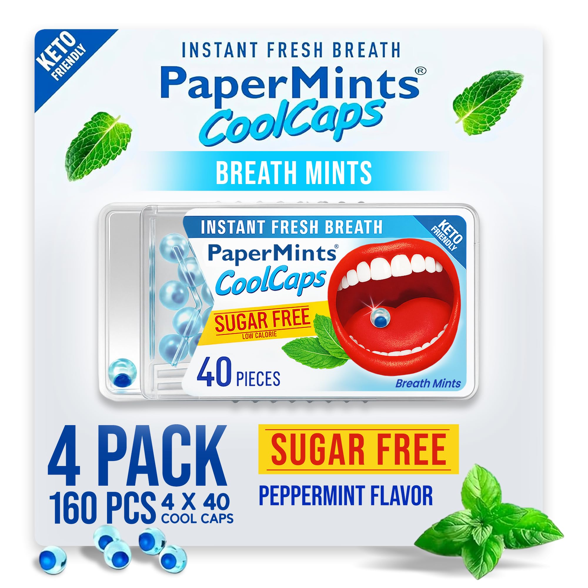 PaperMints CoolCaps Peppermint Breath Mints - Dual Action Liquid Capsules - Instant Fresh Breath Freshener, Fast-Disolves, Sugar-Free Mint Capsules 4 Pack of 40 pieces - 160 Total.