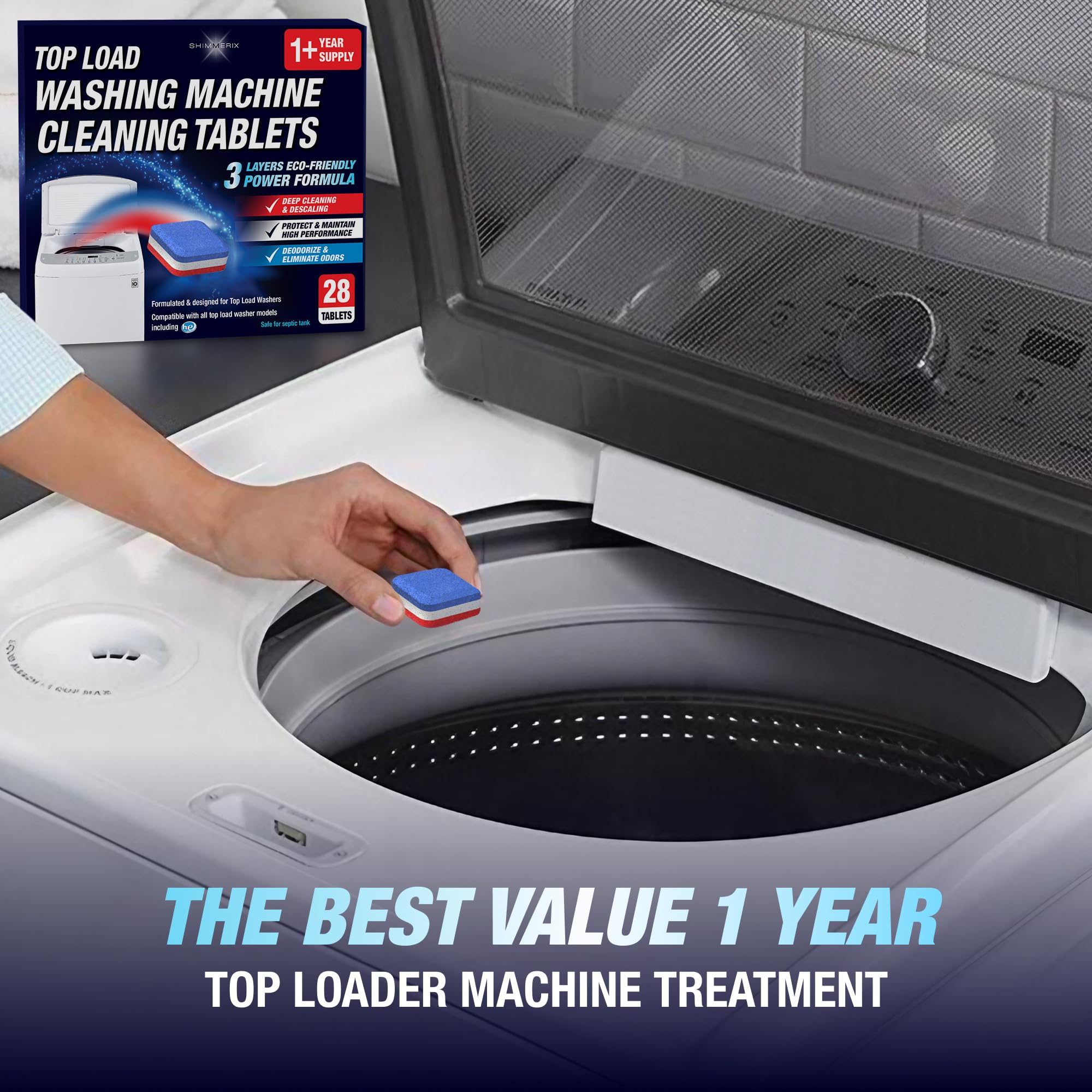 Washing Machine Cleaner Tablets 28 Pack for HE Top Load - Eco Friendly Washer Machine Cleaning Tablets - 3 Layers Septic Safe Wash Machine Full Deodorizer Descaler Protector - 1 Plus Year Supply