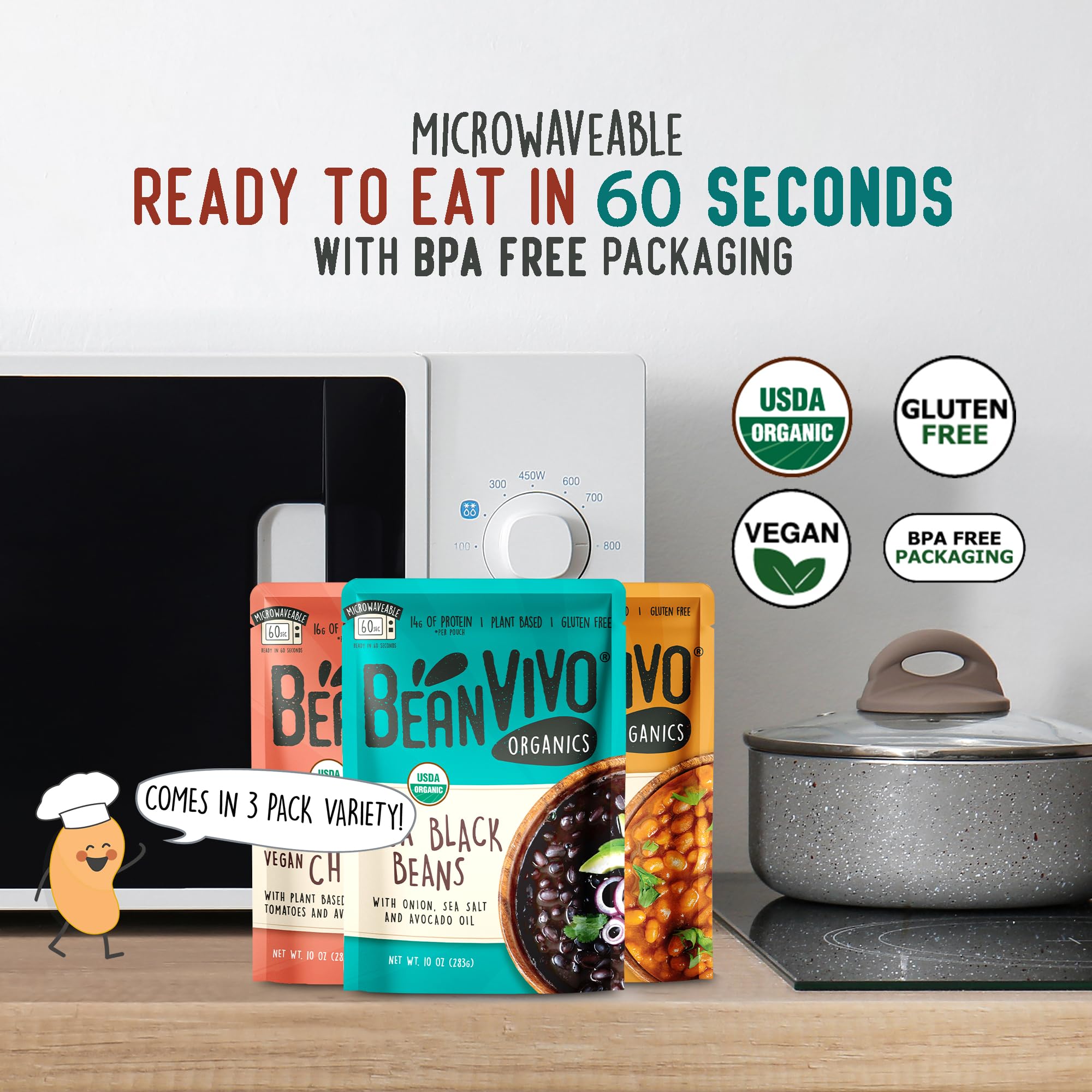 BeanVIVO - Variety 3 Pack (10 oz each) - Organic Baja Black Beans, Three Bean Vegan Chili, BBQ Pinto Beans - Seasoned & Ready to Eat, Plant Protein, Vegan, Gluten Free, Microwaveable, Instant Meals