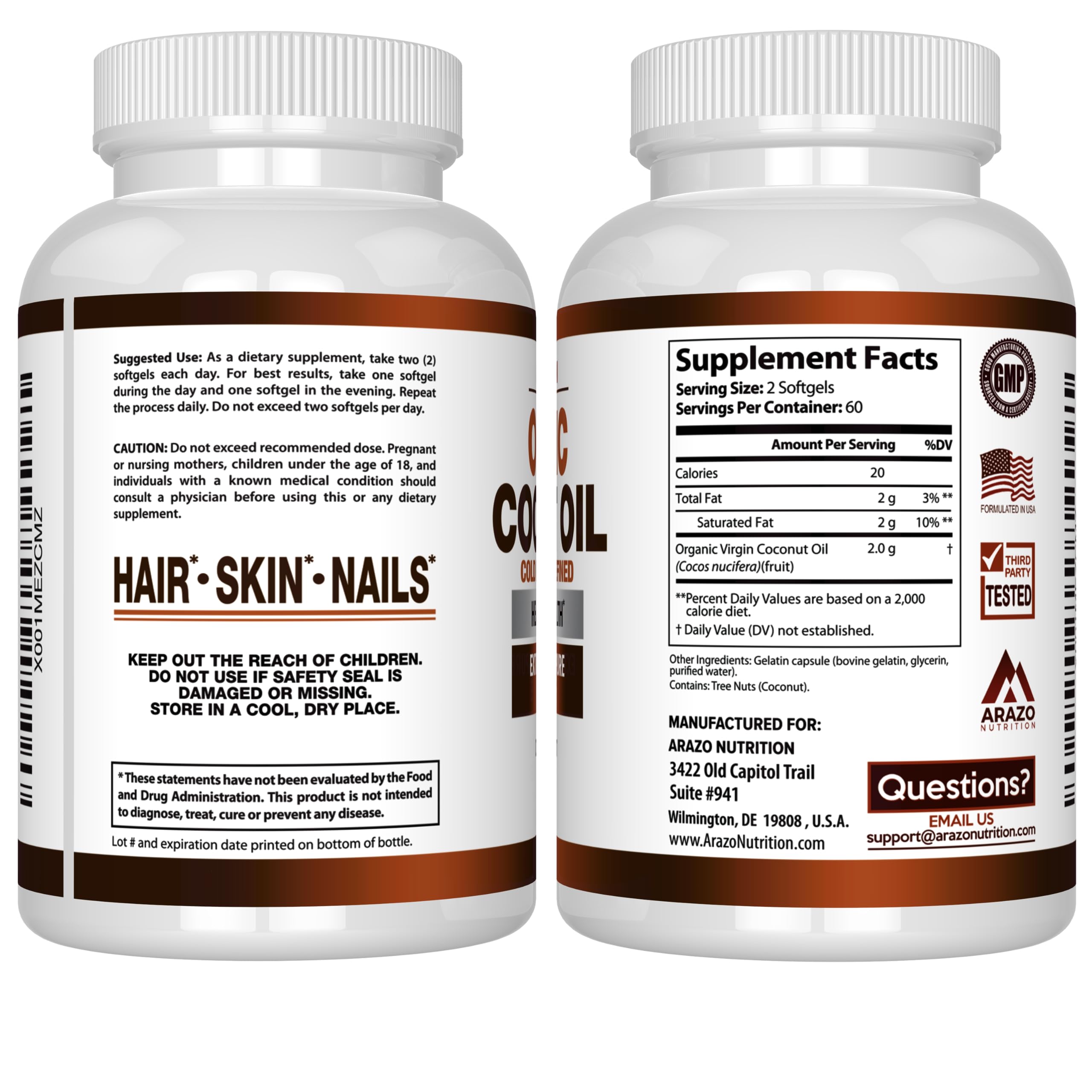 Arazo Nutrition Organic Coconut Oil 2000 MG - 100% Extra Virgin Unrefined Cold Pressed for Weight Support, Skin, Hair, Nails - 120 Softgel Capsules