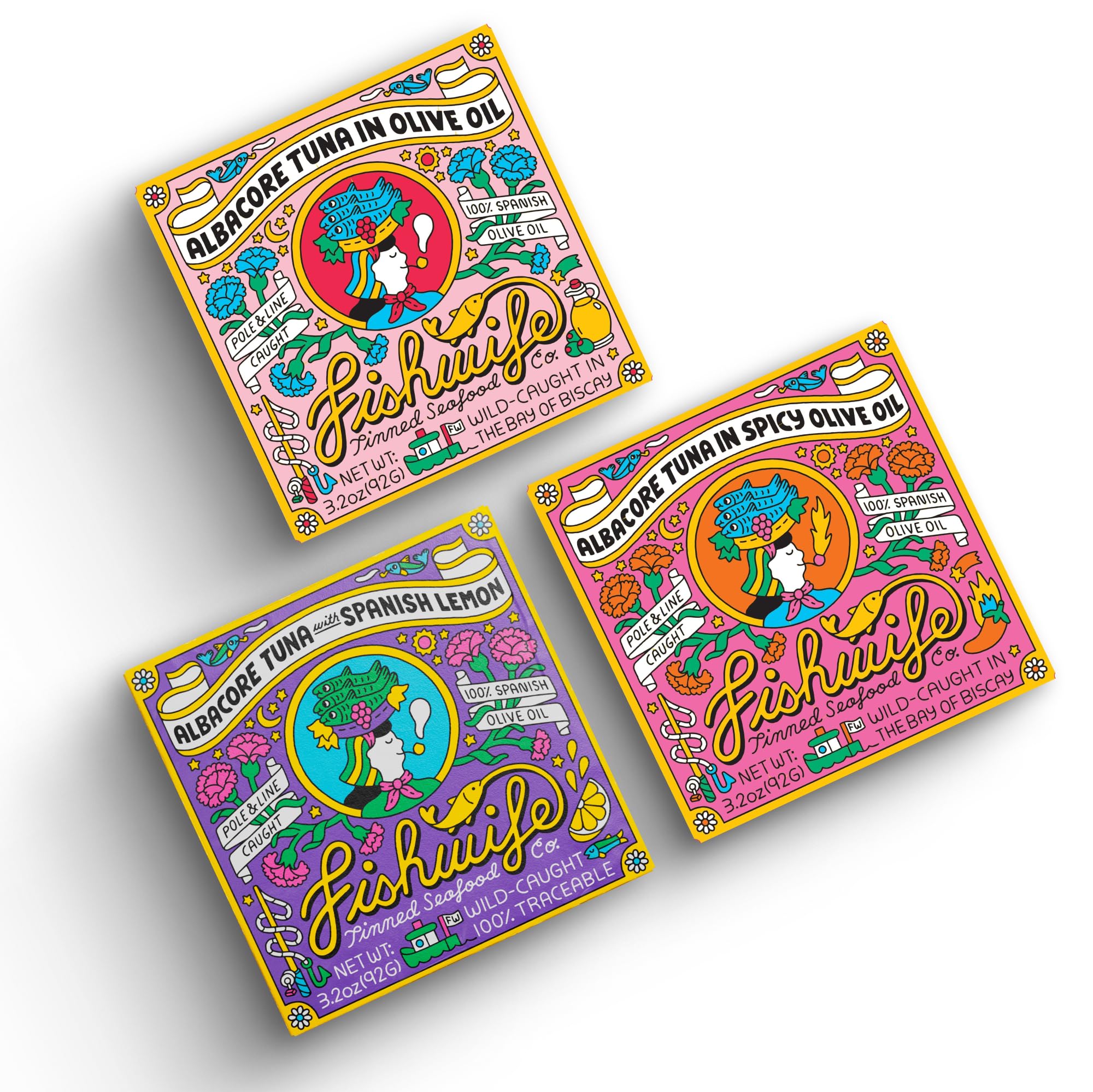 Fishwife Albacore Tuna Trio 3-Pack (with Lemon, Spicy & Spanish Olive Oil) | Wild-Caught & Hand-Packed | MSC-Certified Sustainable Seafood, Gluten Free, High Protein, Omega-3s