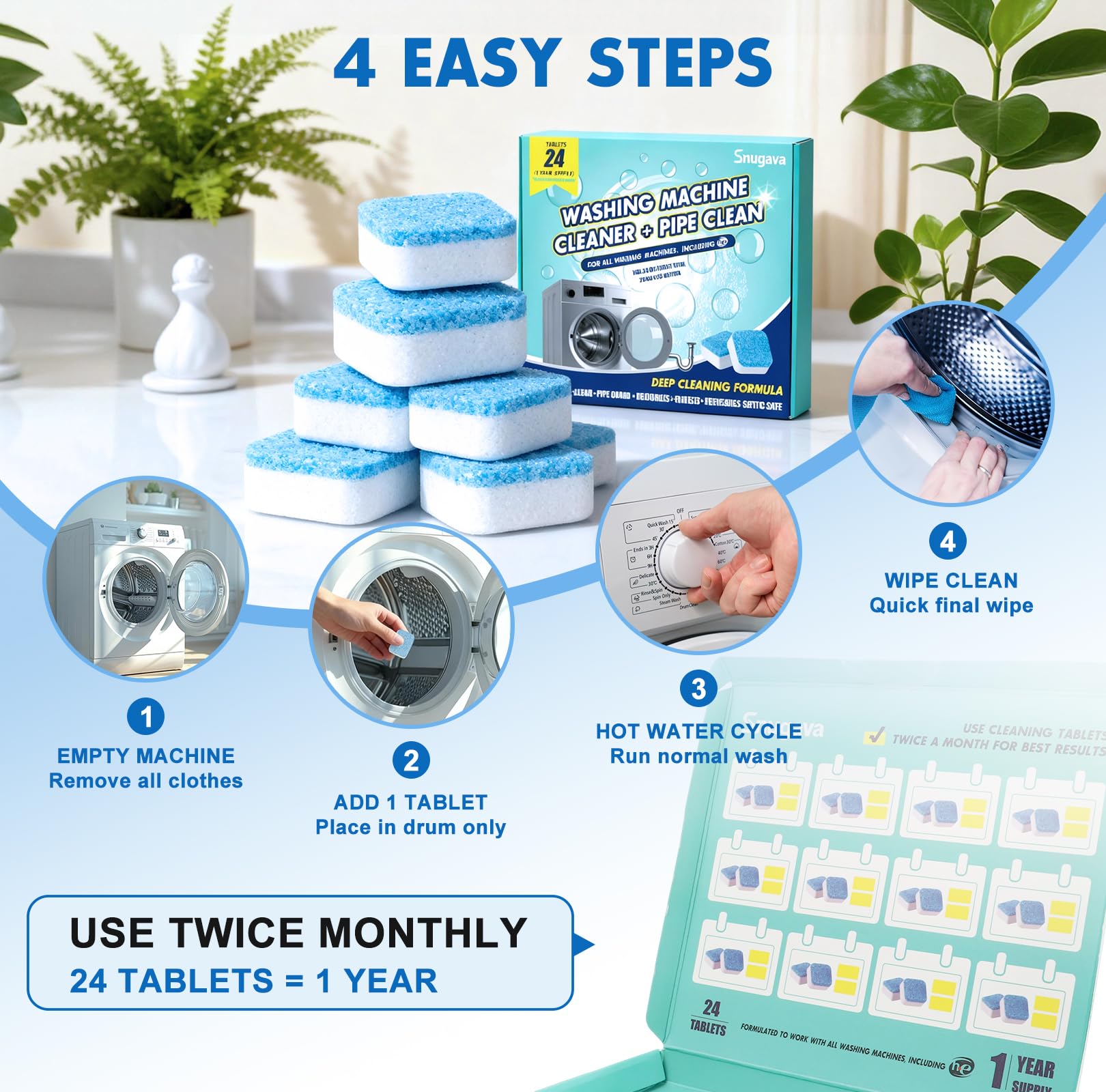 Washing Machine Cleaner Tablets and Deodorizer: 24 Pack Laundry Machine Tub Descaler Cleaner, Deep Cleaning Household Pods for HE Front Loader Top Load Washer, Septic-Safe Eco-Friendly - 1 Year Supply