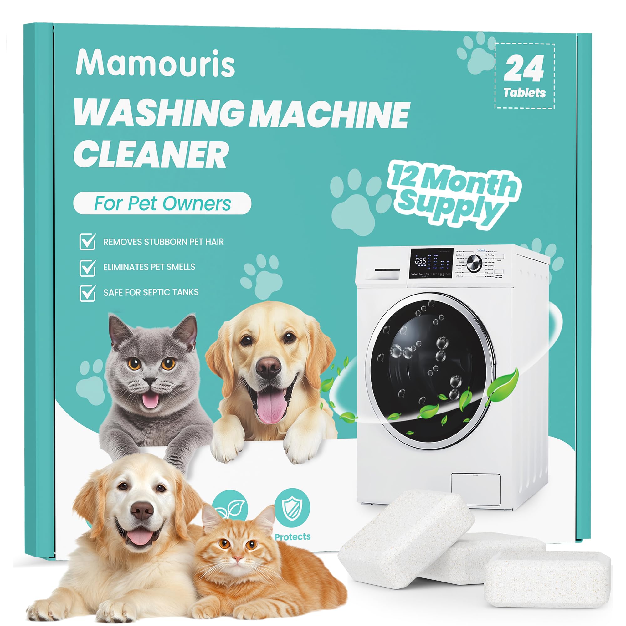 Mamouris Washing Machine Cleaner Tablets: 24 Pack Deep Cleaning For HE, Front Loader & Top Load Washer, Removes Pet Hair, Odors, Formulated for Pet Owners, Septic Safe, 12 Month Supply, 11G