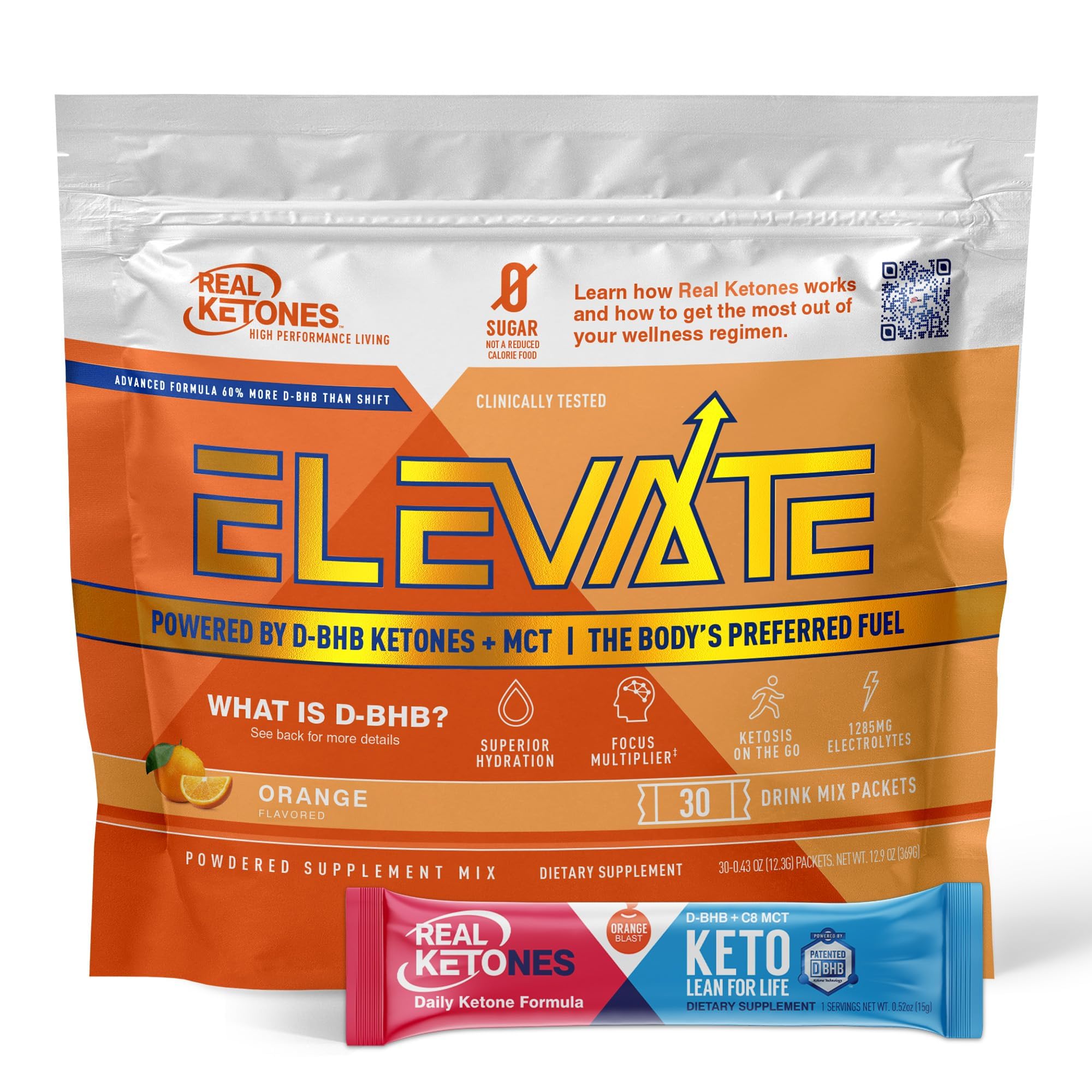 Real Ketones MCT & BHB Exogenous Ketones Drink Mix Packets Elevate Keto Electrolytes Powder Packets No Sugar with 4 Main Electrolytes Plus Hydrating Proprietary Keto BHB - 30 Pack Orange