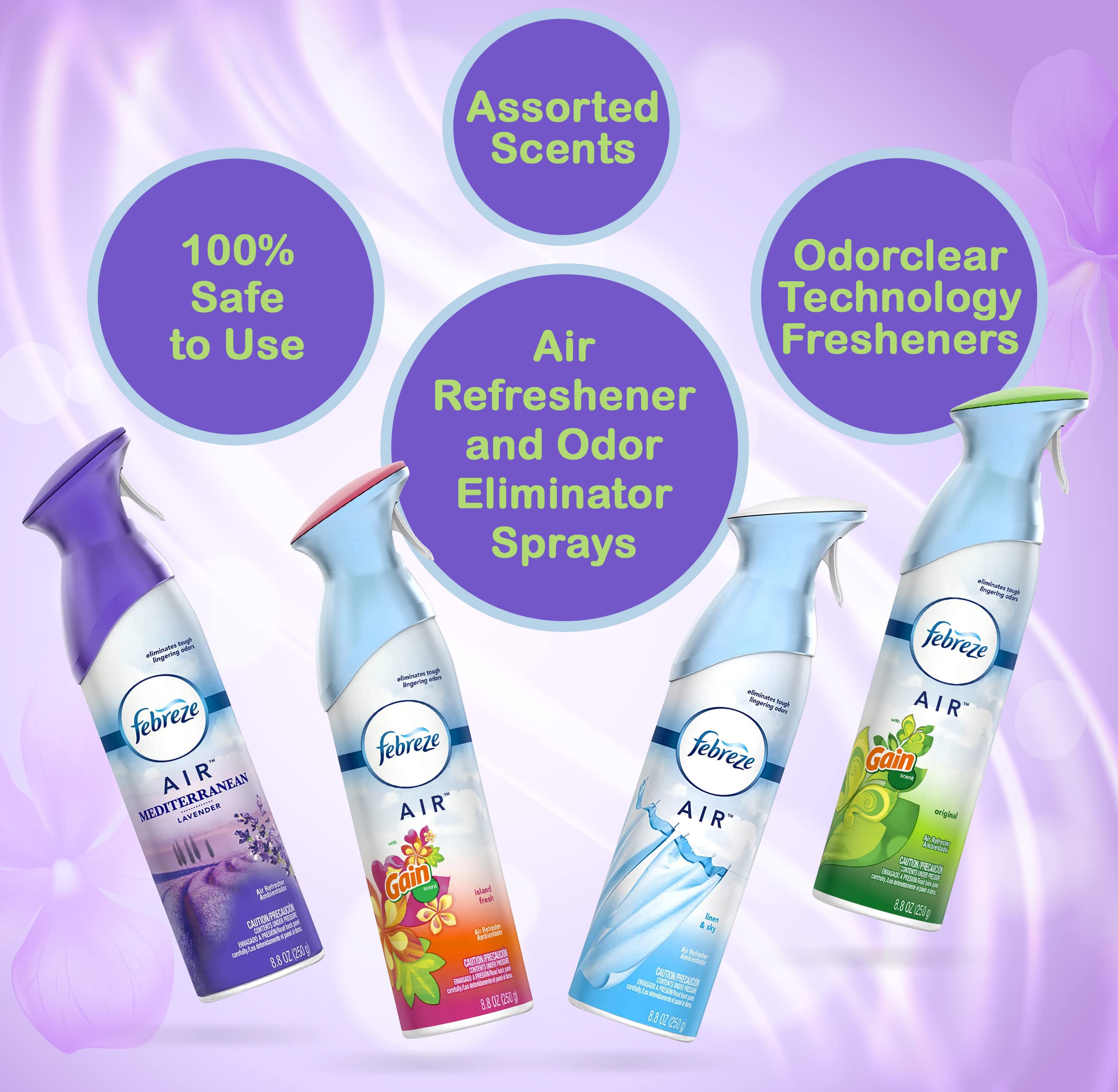 Febreze Air Freshener Odor Eliminator Spray, Assorted Scent Febreze & Bathroom Deodorizer, Original, Island Fresh, Linen Sky & Lavender, 4 Pack