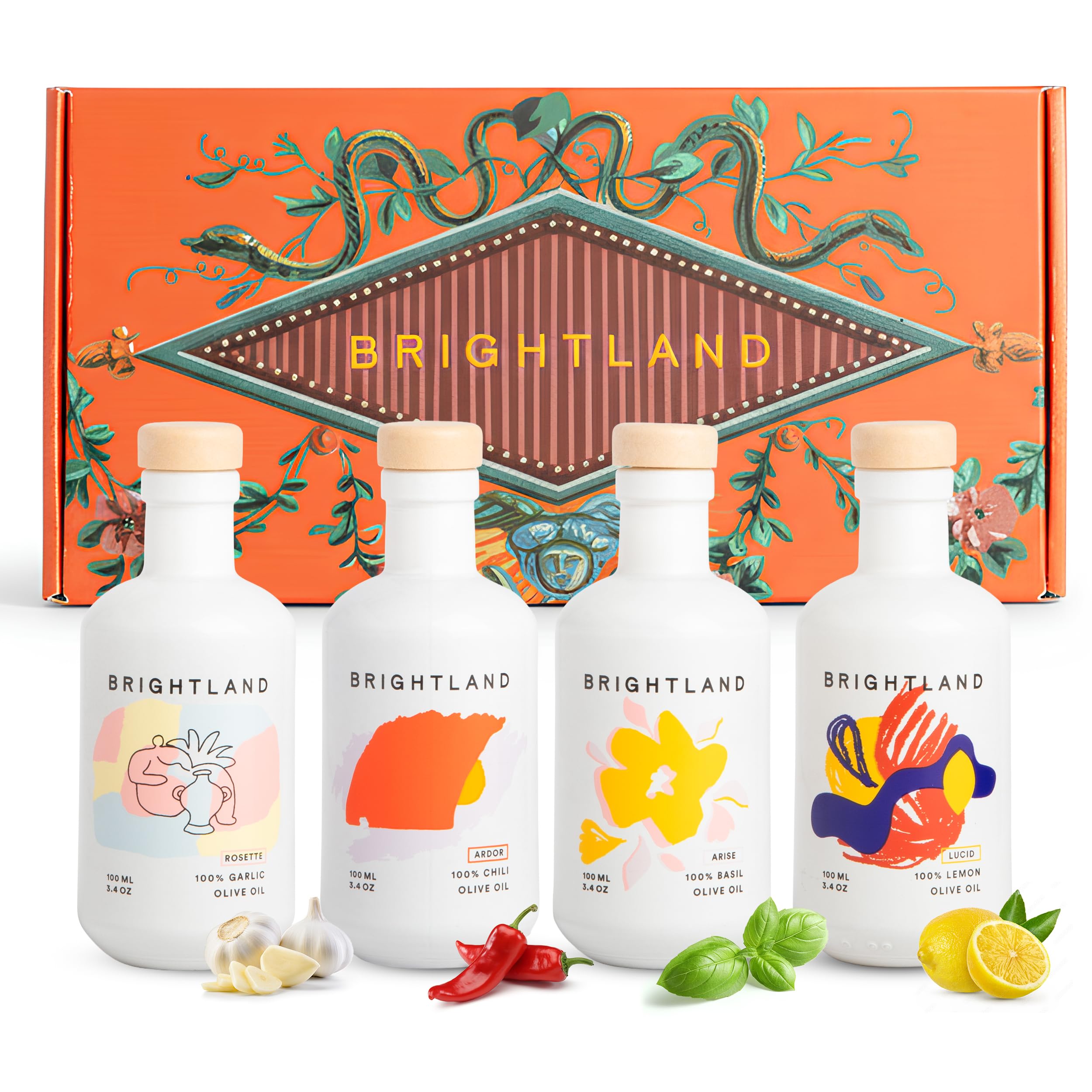 Brightland The Mini Artist Series Gift Set, 4 Piece Set - Olive Oil Bundle Includes Ardor Chili, Rosette Garlic, Lucid Lemon & Arise Basill Infused Oils - 4 x 3.4 Fl Oz Bottles