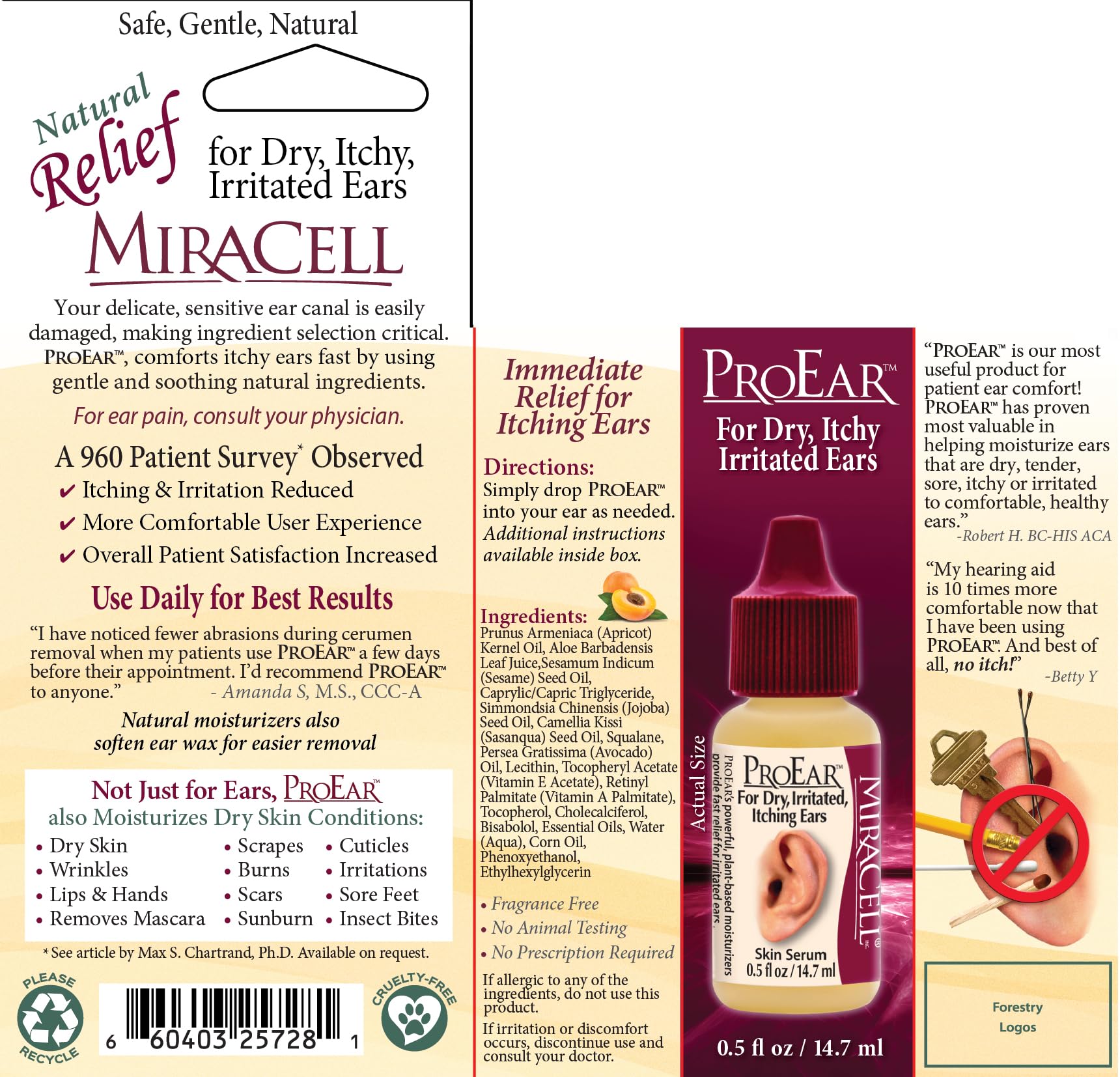 Miracell ProEar, Ear Drops for Itchy Ears, Ear Wax Softener, Clogged Ears, Dry Ears, for Adults Babies. 0.5oz