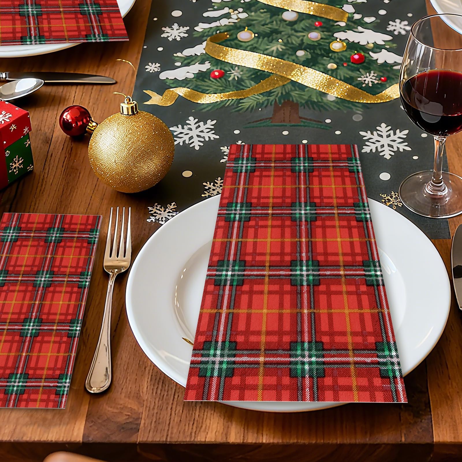 Greencian 100Pcs Christmas Checkered Napkins 3Ply Christmas Napkins Santa Red Green Buffalo Plaid Gingham Disposable Napkin for Xmas Winter Holiday Dinner Party Supplies
