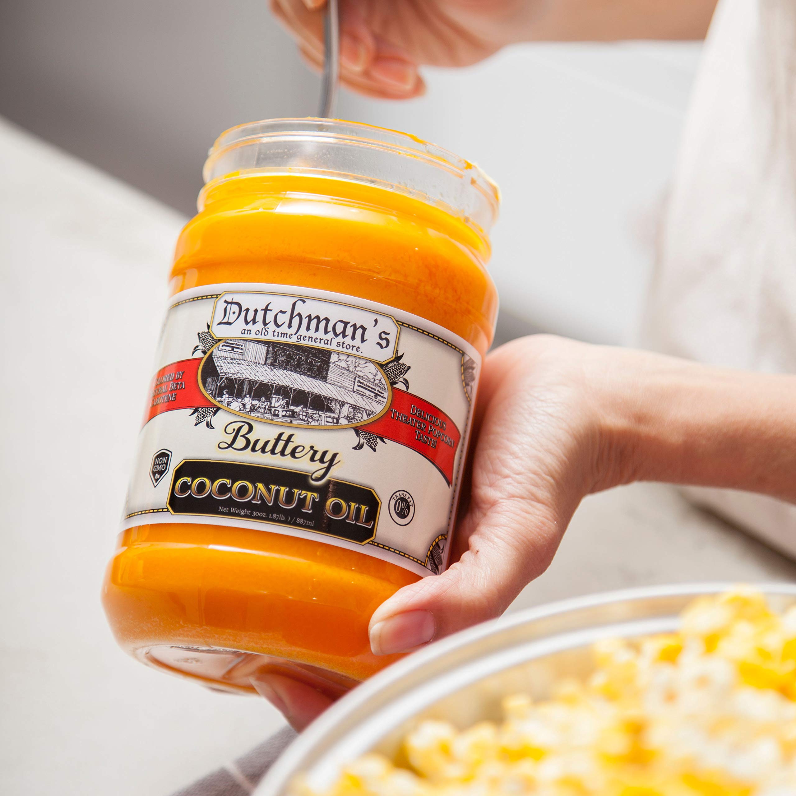 Dutchman’s Popcorn Coconut Oil | Butter Flavored Oil, 30oz Jar - Colored with Natural Beta Carotene, Makes Theater Style Popcorn, Vegan, Healthy, Zero Trans Fat, Gluten Free, Made in USA