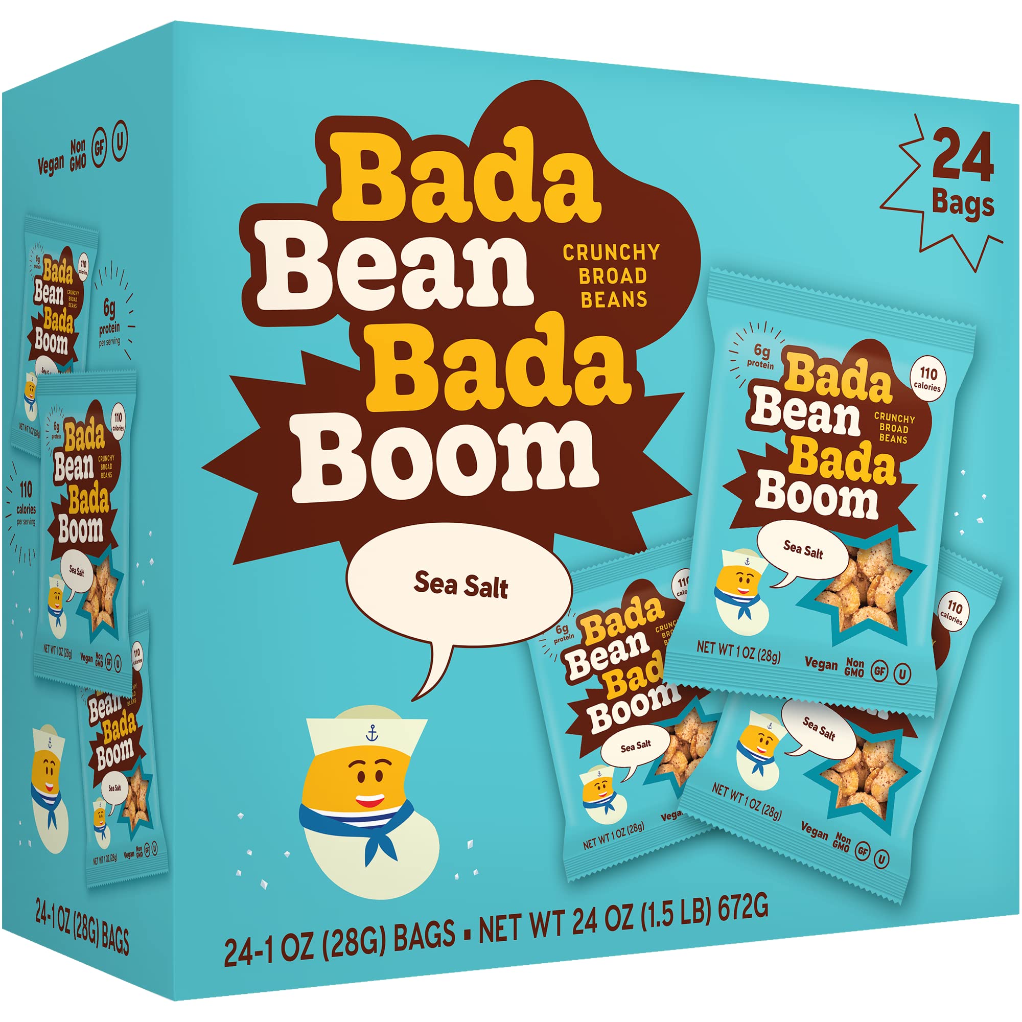 Enlightened Bada Bean Bada Boom - Plant-Based Protein, Gluten Free, Vegan, Crunchy Roasted Broad (Fava) Bean Snacks, 100 Calories per Serving, Sea Salt, 1 oz, Pack of 24
