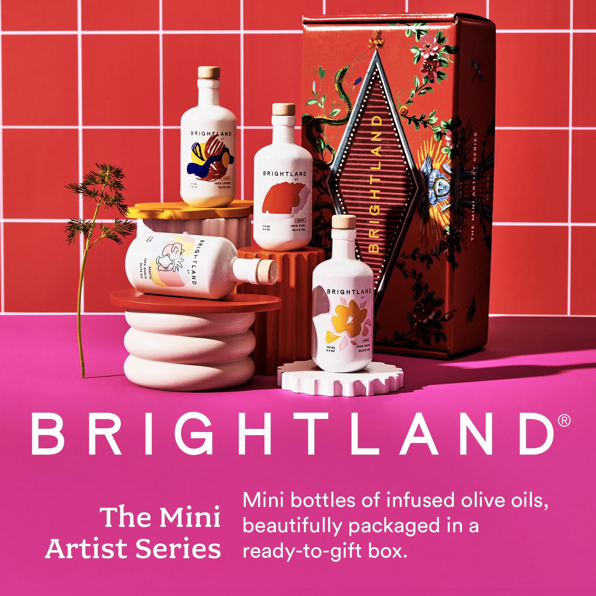 Brightland The Mini Artist Series Gift Set, 4 Piece Set - Olive Oil Bundle Includes Ardor Chili, Rosette Garlic, Lucid Lemon & Arise Basill Infused Oils - 4 x 3.4 Fl Oz Bottles
