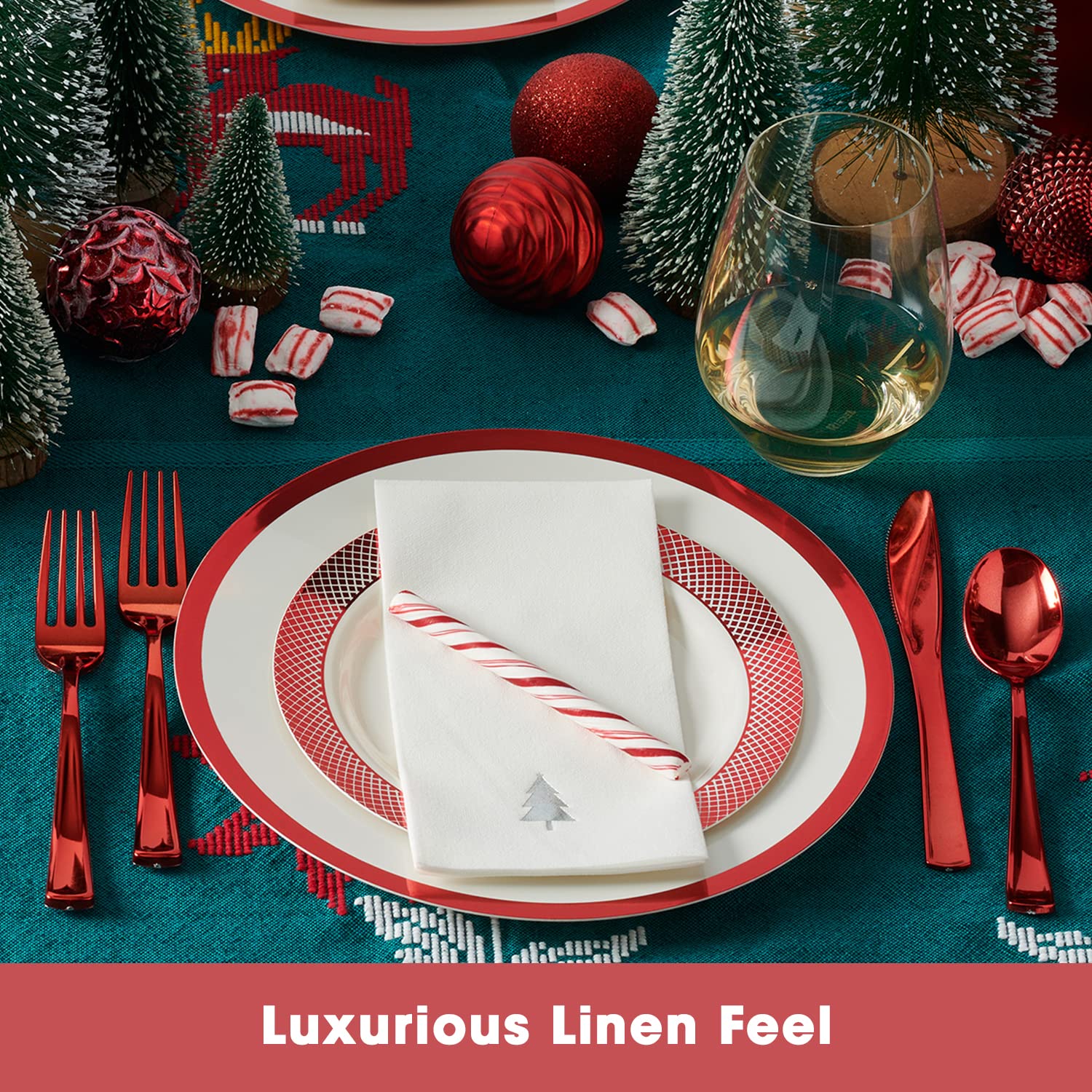 By Madee: 50 Pack Premium Christmas Napkins Disposable | Disposable Hand Towels for Bathroom | Linen Like Elegant Holiday Napkins for Unforgettable Celebrations | Made in Airlaid Paper (Silver Tree)