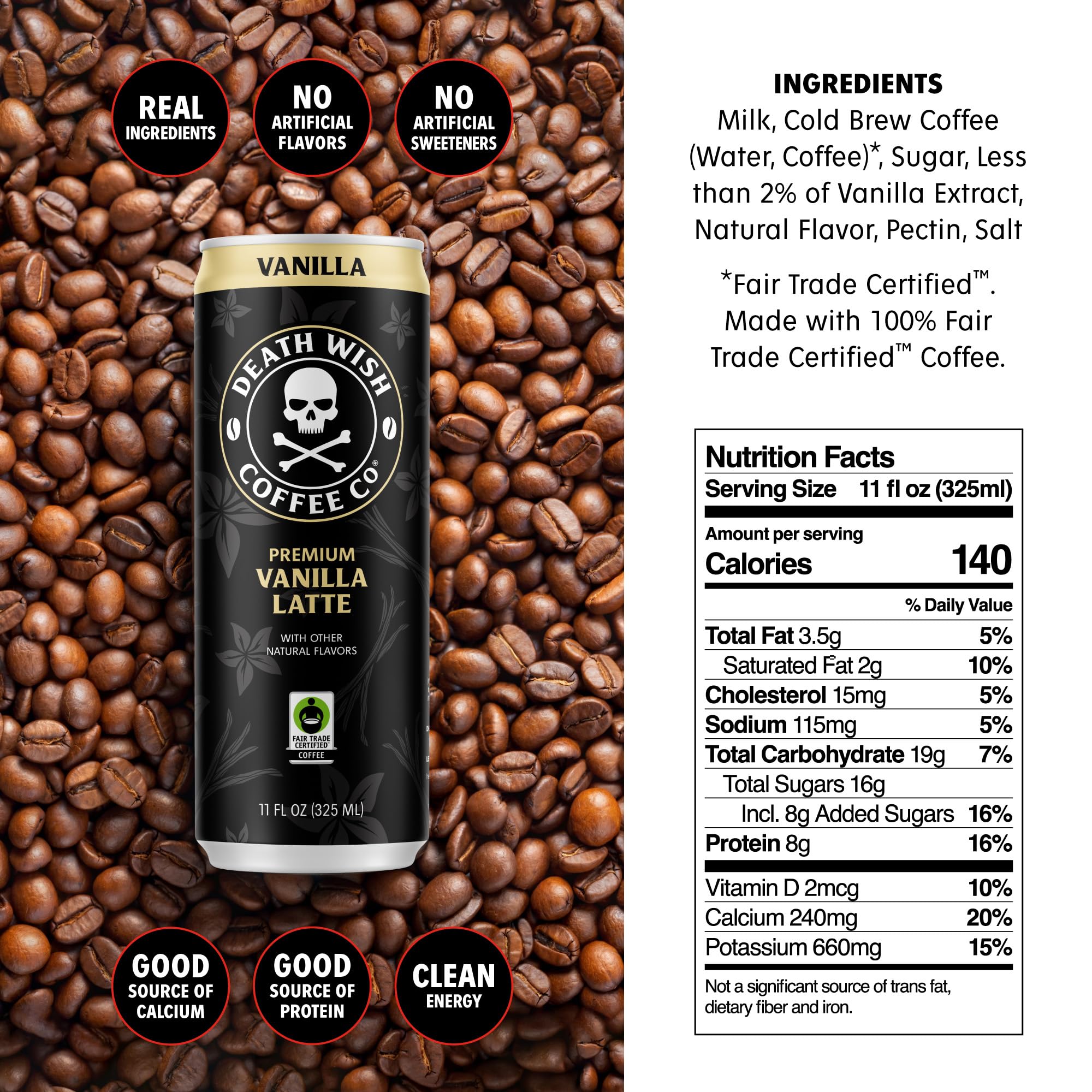 Death Wish Coffee, Iced Coffee Cold Brew, 8g Protein, Fair Trade (Vanilla Latte)