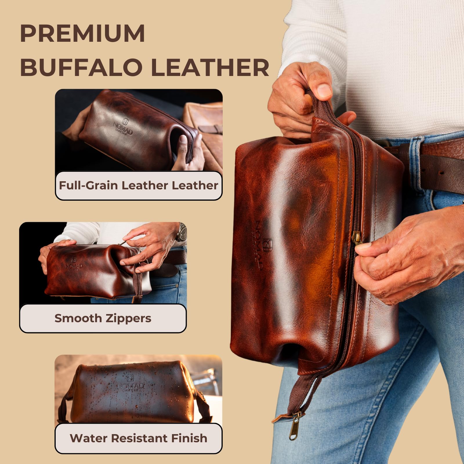 Premium Leather Travel Toiletry Bag for Men and Women, King-Size Dopp Kit with Waterproof Lining, Mens Toiletry Travel Bag, Men's Toiletry Bag, Mens Travel Bag Toiletry Kit, Leather Toiletry Bag Men