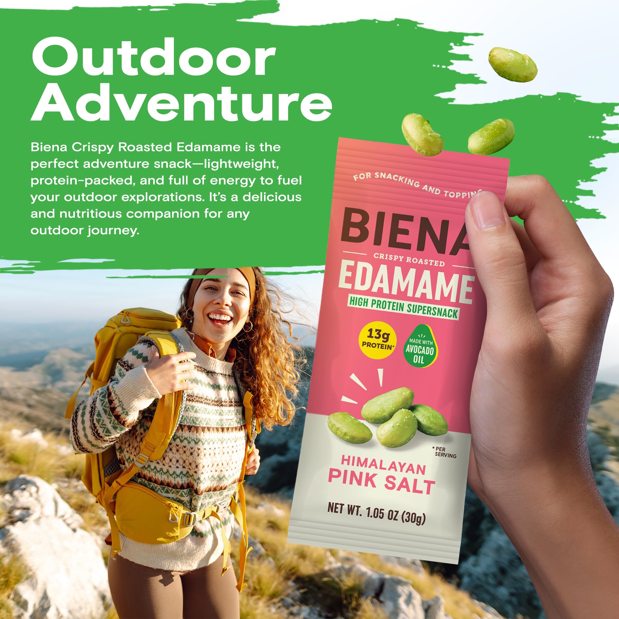 Biena Crispy Roasted Edamame Beans Snack – High Protein Low Carb Snack for Adults & Kids, 13g Protein per Serving - Made w/Avocado Oil – Vegan, Gluten-Free – 10-Pack, 1.05oz Bags, Himalayan Pink Salt