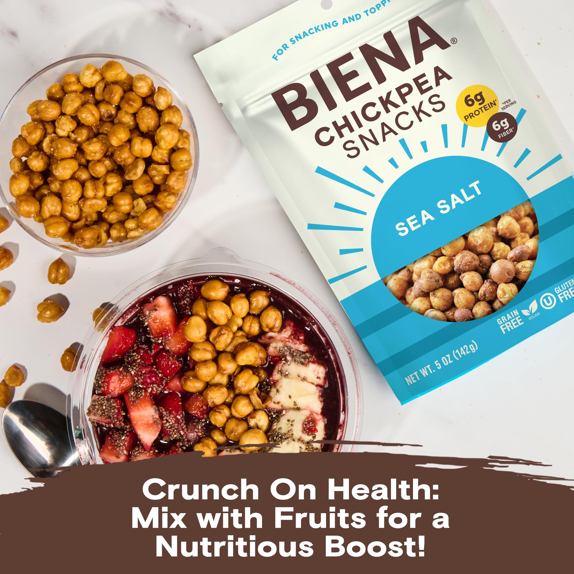 BIENA Chickpea Snacks - Crunchy Roasted Chickpeas - High Fiber Vegan Protein Snacks for Adults and Kids - 4-Pack, 5 Ounce Bags - Sea Salt
