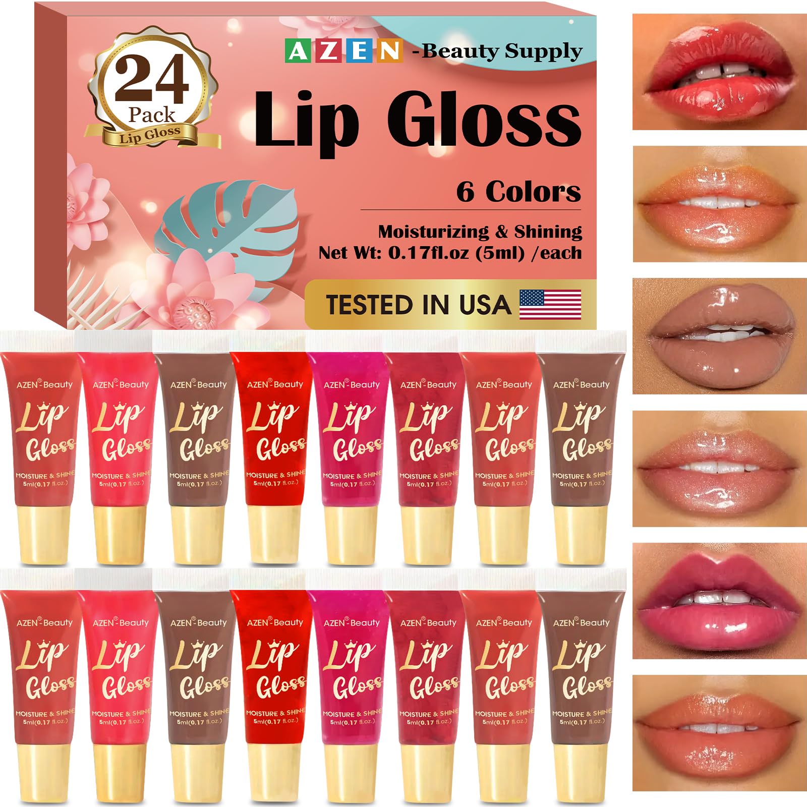 AZEN 24 Pack Lip Gloss Set, Color Lip Oil for Dry Cracked Lips Moisturizing Hydrating Nourishing with Vitamin E