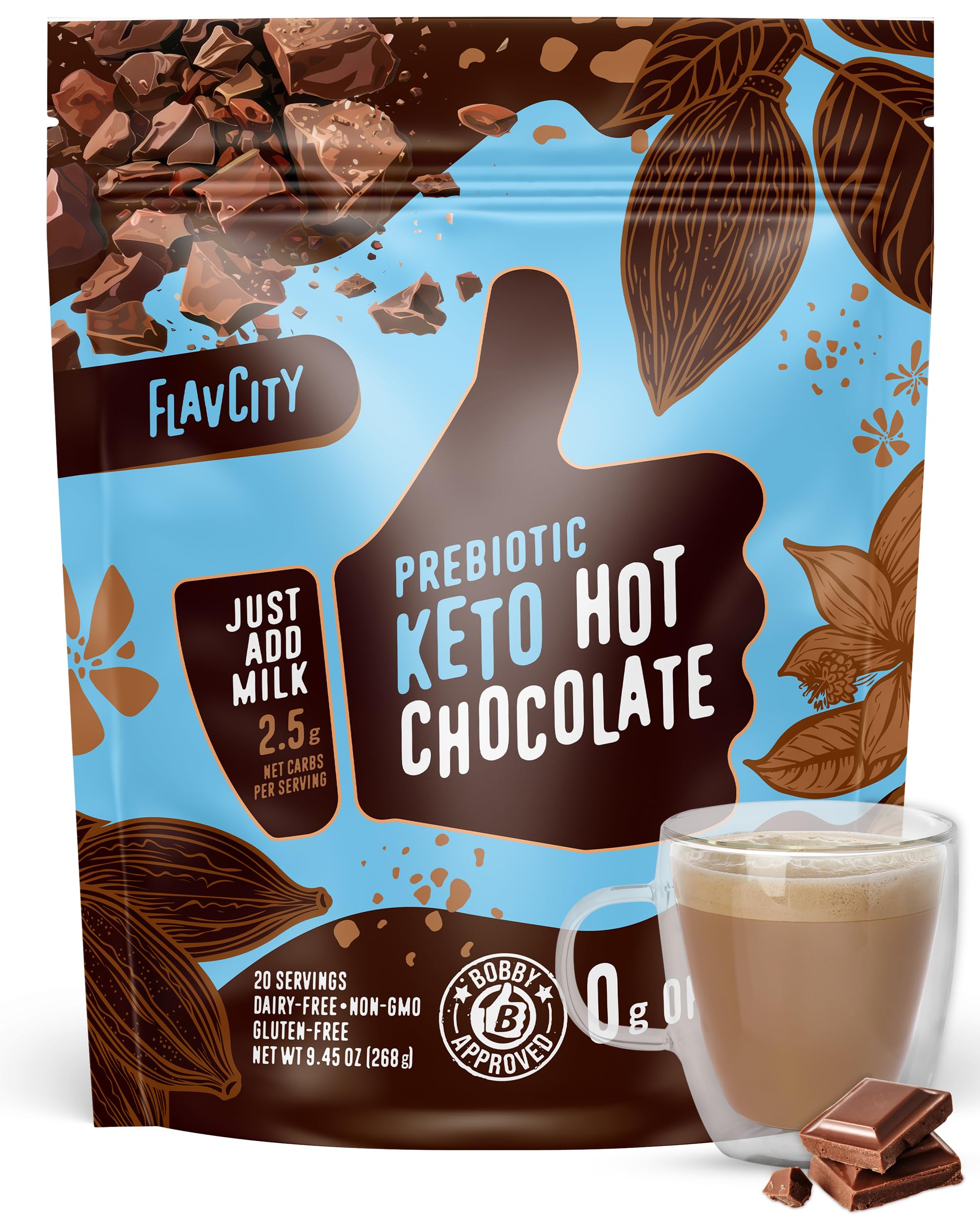 FlavCity Keto Hot Chocolate - Vegan, Zero Sugar & Dairy Free Hot Chocolate Mix - 45 Calories Per Serving - With Organic Cocoa, Coconut Milk, Cinnamon & Sea Salt - High Fiber & Low Carb (20 Servings)