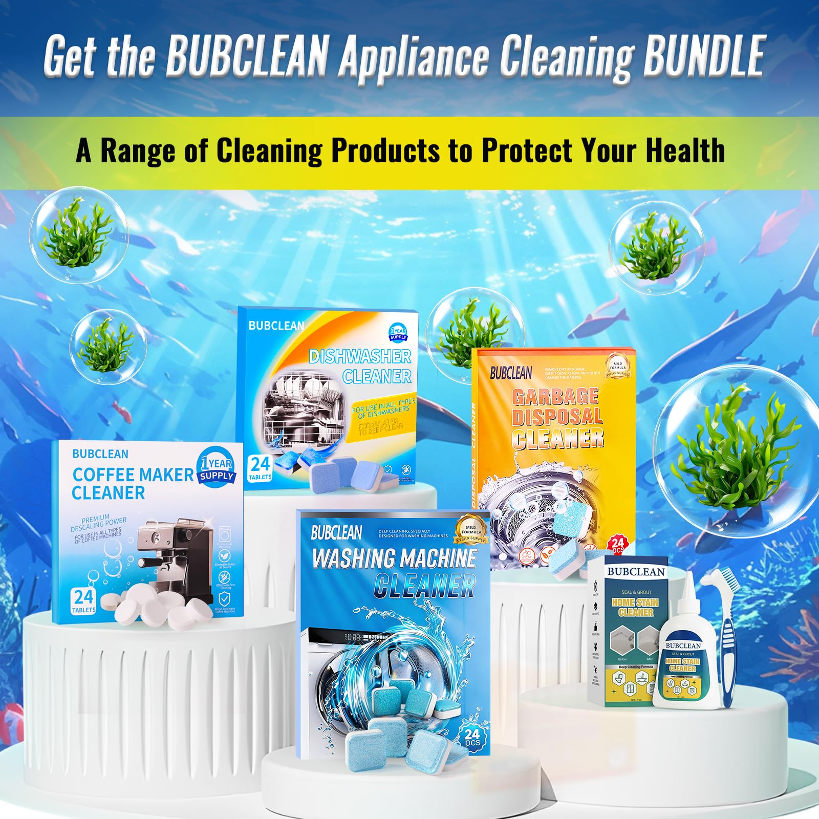 BUBCLEAN 24 pack Washing Machine Cleaner Descaler, Deep Cleaning Tablets for Front Loader, Top Load & HE Washer, Septic Safe Odor & Water Buildup Removal, Clean Drum & Laundry Tub Seal