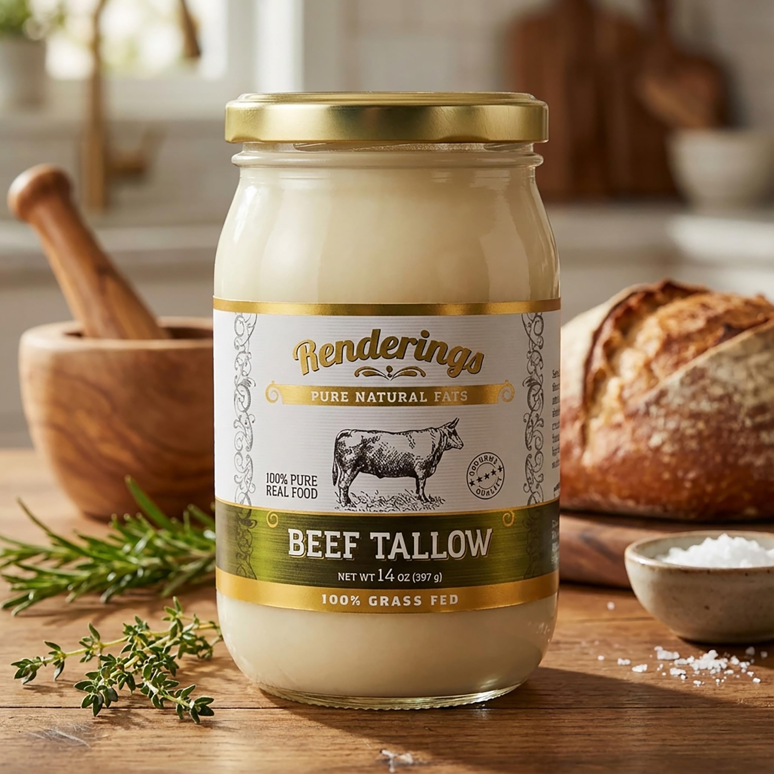 Renderings Gold Label Beef Tallow – 100% Grass-Fed, Gourmet Cooking & Baking Essential, Silky Smooth Traditional Skincare Ingredient, No Odor, Perfect for Searing & Frying (Pack of 1)