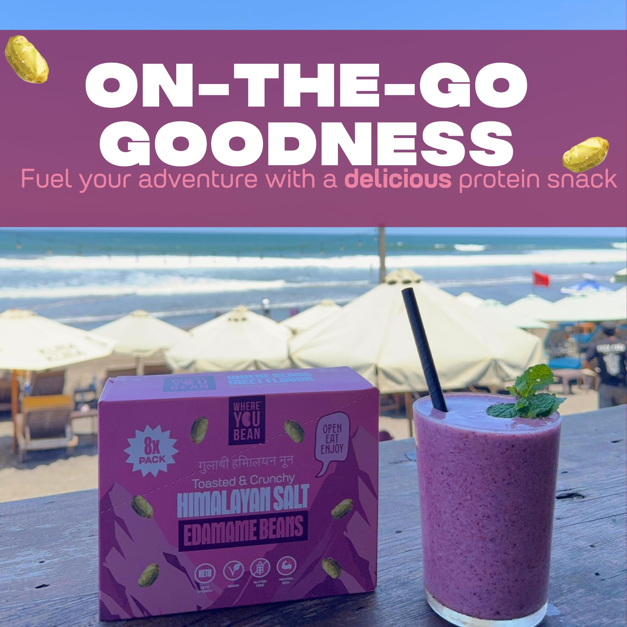 Where You Bean Edamame Beans Snack (Himalayan Salt) - Crunchy and Dry Roasted Edamame Beans - High Protein Snacks, Keto and Vegan Healthy Snacks for Adults & Low Carb Asian Snack 0.9 oz (Pack of 8)