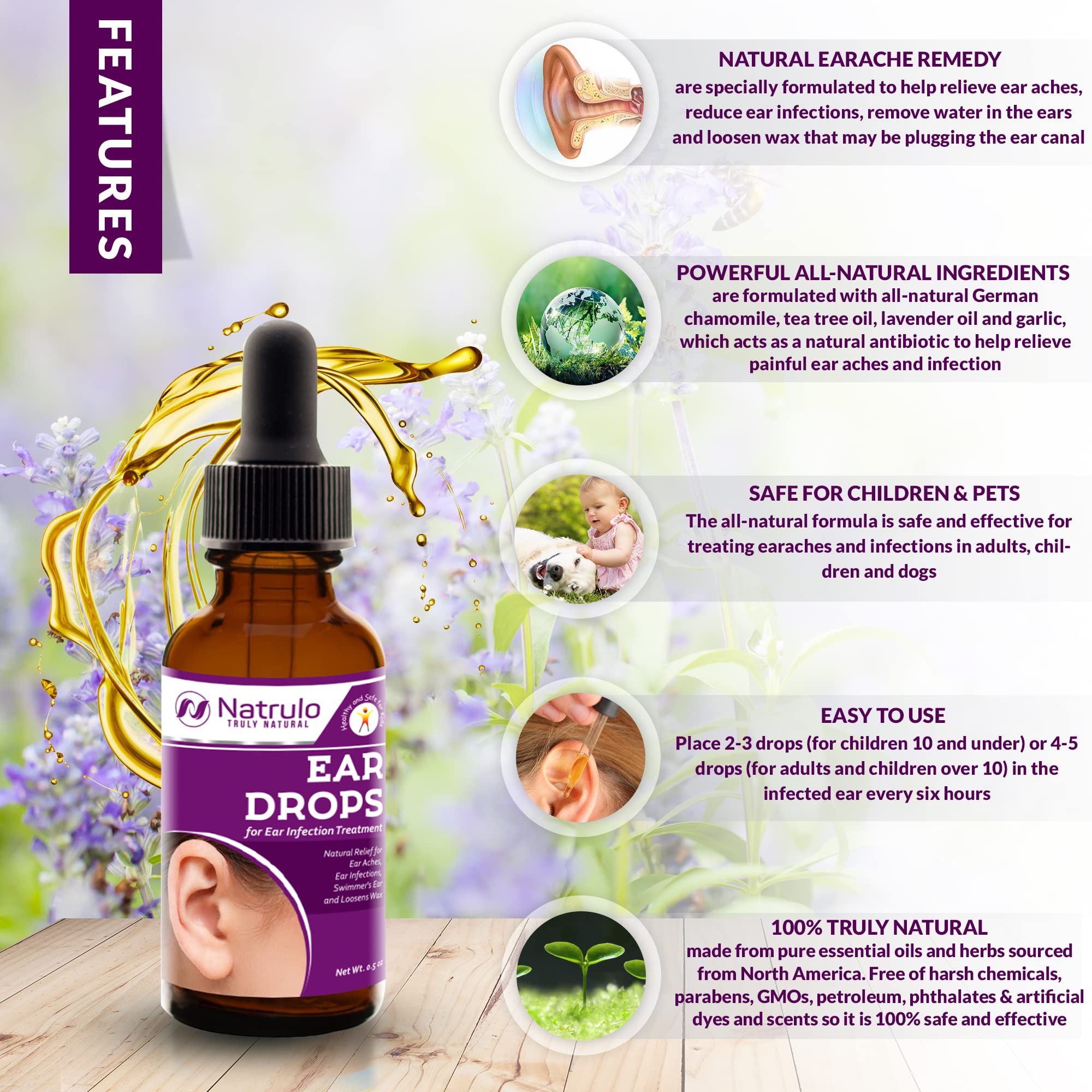 Natural Ear Drops for Ear Infection – Homeopathic Eardrops for Adults, Kids, Baby, & Pets – Relieves Ear Aches, Swimmer's Ear, & Loosens Wax – Kids Safe Ear Health Made in USA