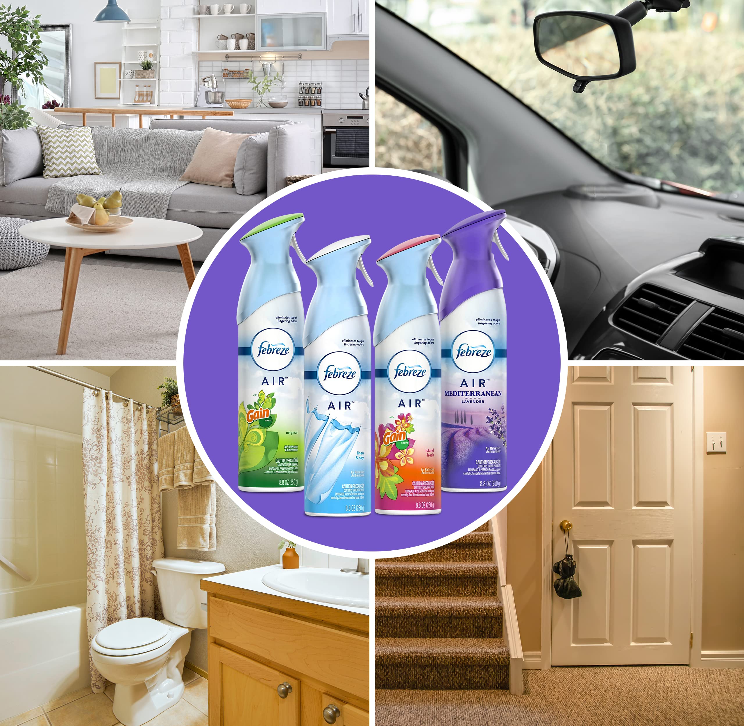Febreze Air Freshener Odor Eliminator Spray, Assorted Scent Febreze & Bathroom Deodorizer, Original, Island Fresh, Linen Sky & Lavender, 4 Pack