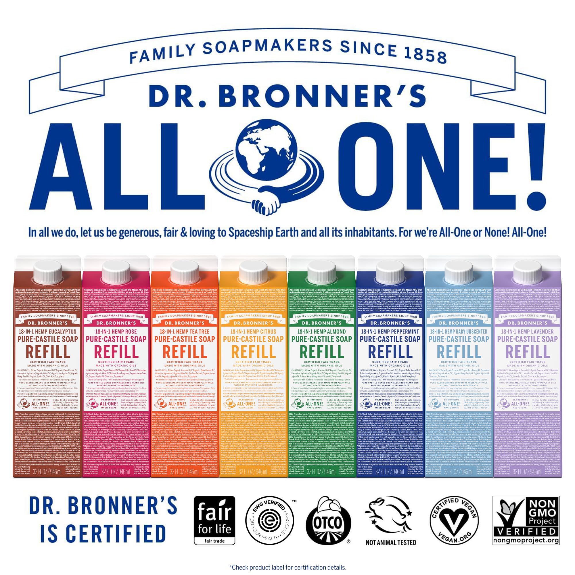 Dr. Bronner's Pure-Castile Liquid Soap Refill - Made with Regenerative Organic Certified Oils, 86% Less Plastic - 18-in-1 Uses, For Face, Body Wash, Hand Soap Refill & More - Baby Unscented, 32oz