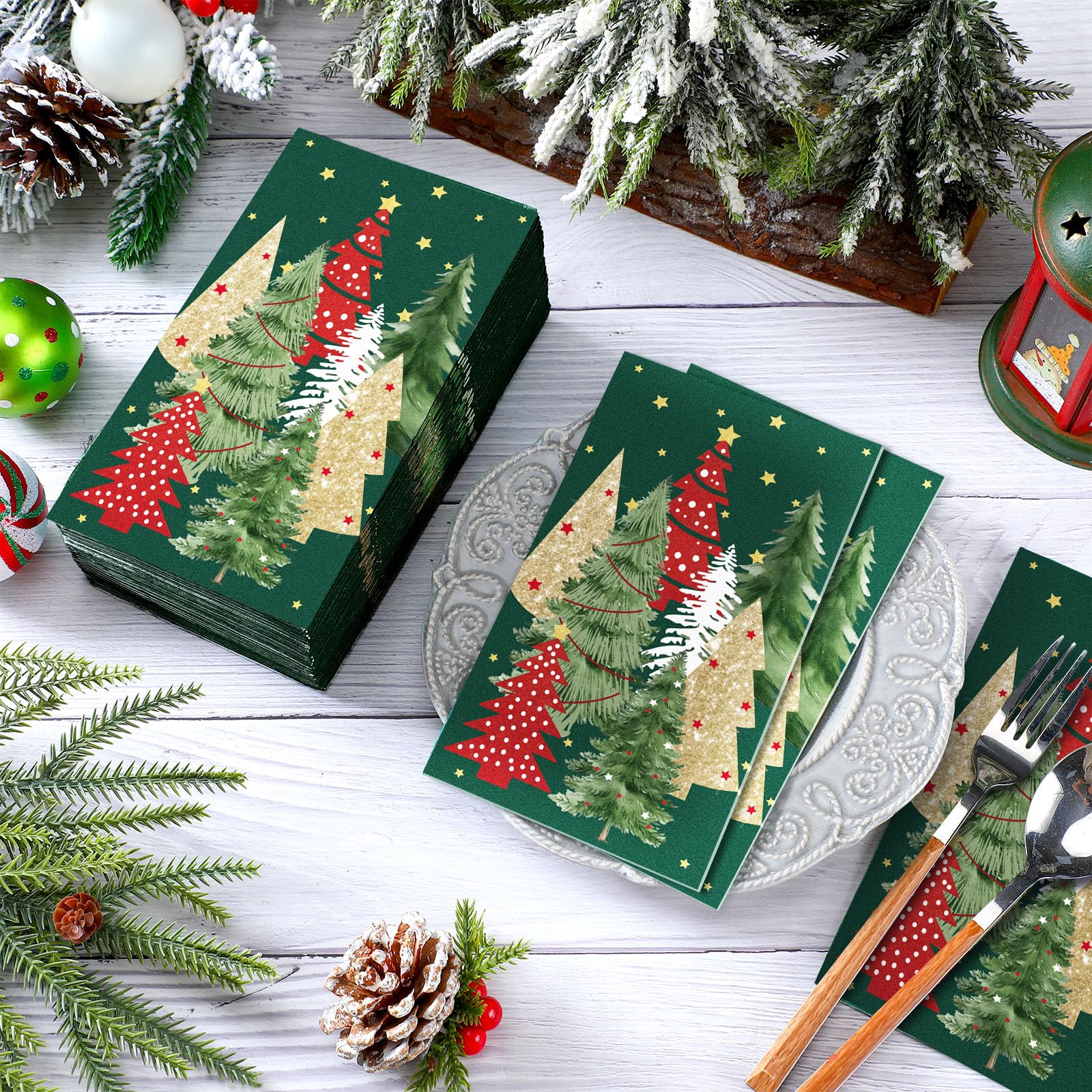 Jetec 200 Pcs Christmas Disposable Paper Guest Towels for Bathroom Christmas Paper Napkins Red Green Xmas Tree Decorative Guests Towel 2 Ply Christmas Napkins for Holiday Kitchen Dining Table