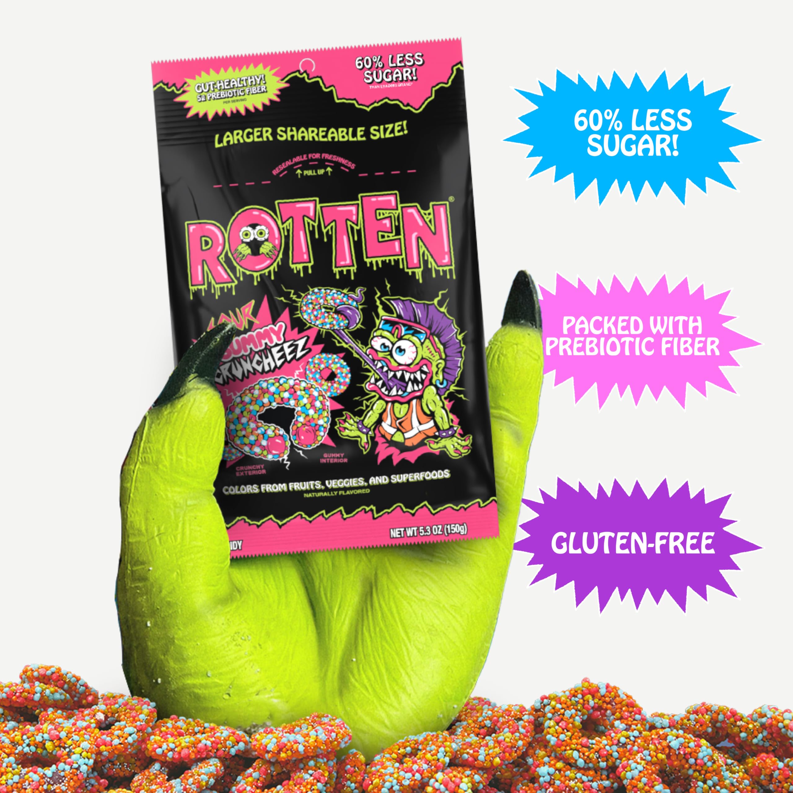 Rotten Sour Gummy Cruncheez - Low Sugar, Low Calorie, 5g Gut-Friendly Prebiotic Fiber, Gluten Free Candy, No Artificial Dyes - 5.3 oz Share Pack [2 Pack]