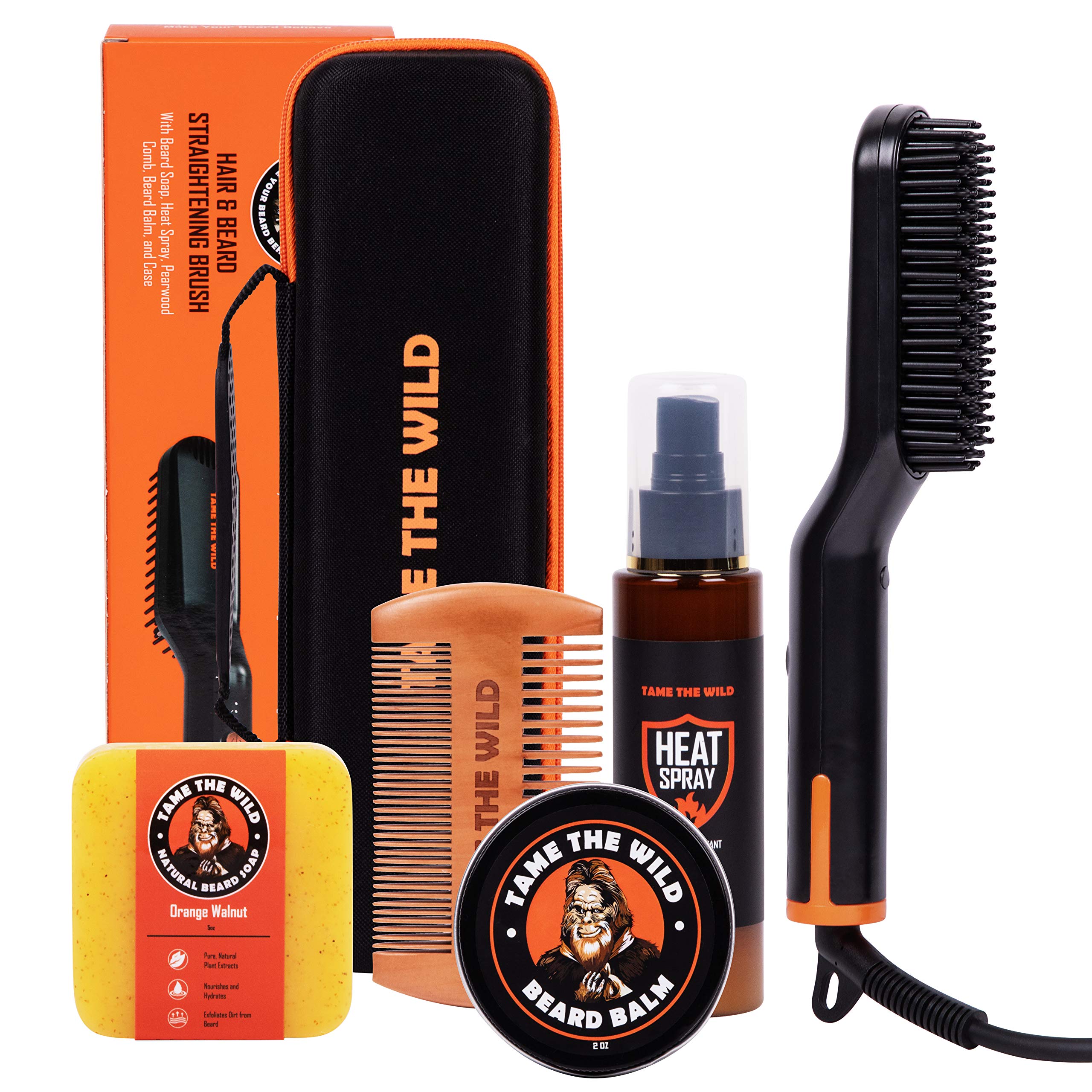 Tame the Wild Premium Beard Grooming Kit - Heated Beard Brush, Straightener Comb, Heat Protectant Spray, Beard Soap, Balm, Wooden Comb, and Storage Case