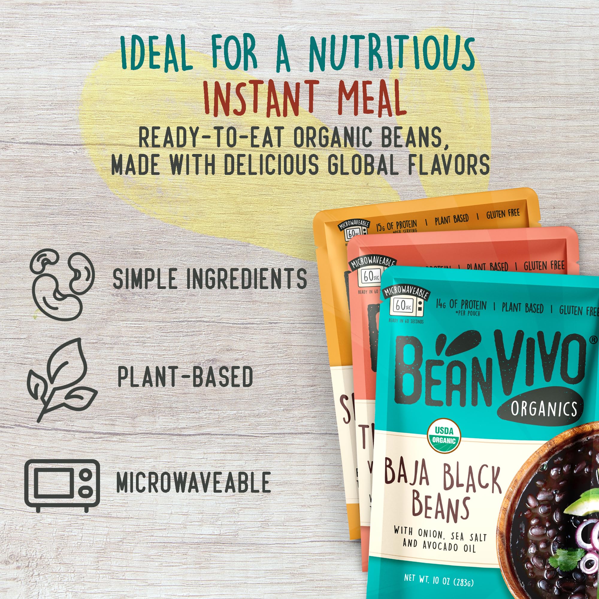BeanVIVO - Variety 3 Pack (10 oz each) - Organic Baja Black Beans, Three Bean Vegan Chili, BBQ Pinto Beans - Seasoned & Ready to Eat, Plant Protein, Vegan, Gluten Free, Microwaveable, Instant Meals